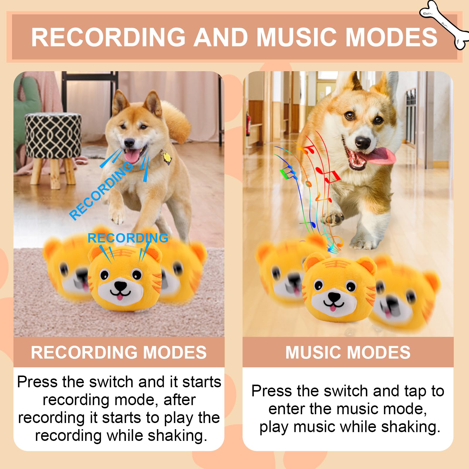 Baborui Interactive Dog Toys Tiger, Jumping Squeaky Dog Toys With Recording And Music Modes, Rechargeable Moving Dog Chew Toys F