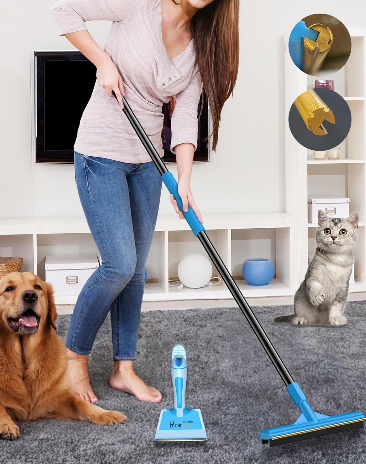 Updated Pet Hair Removal Tool, CEARKTIY Carpet Rake for Pet Hair Removal, 57 ' ' Adjustable Pet Hair Remover Broom, 2 in 1 Rubbe