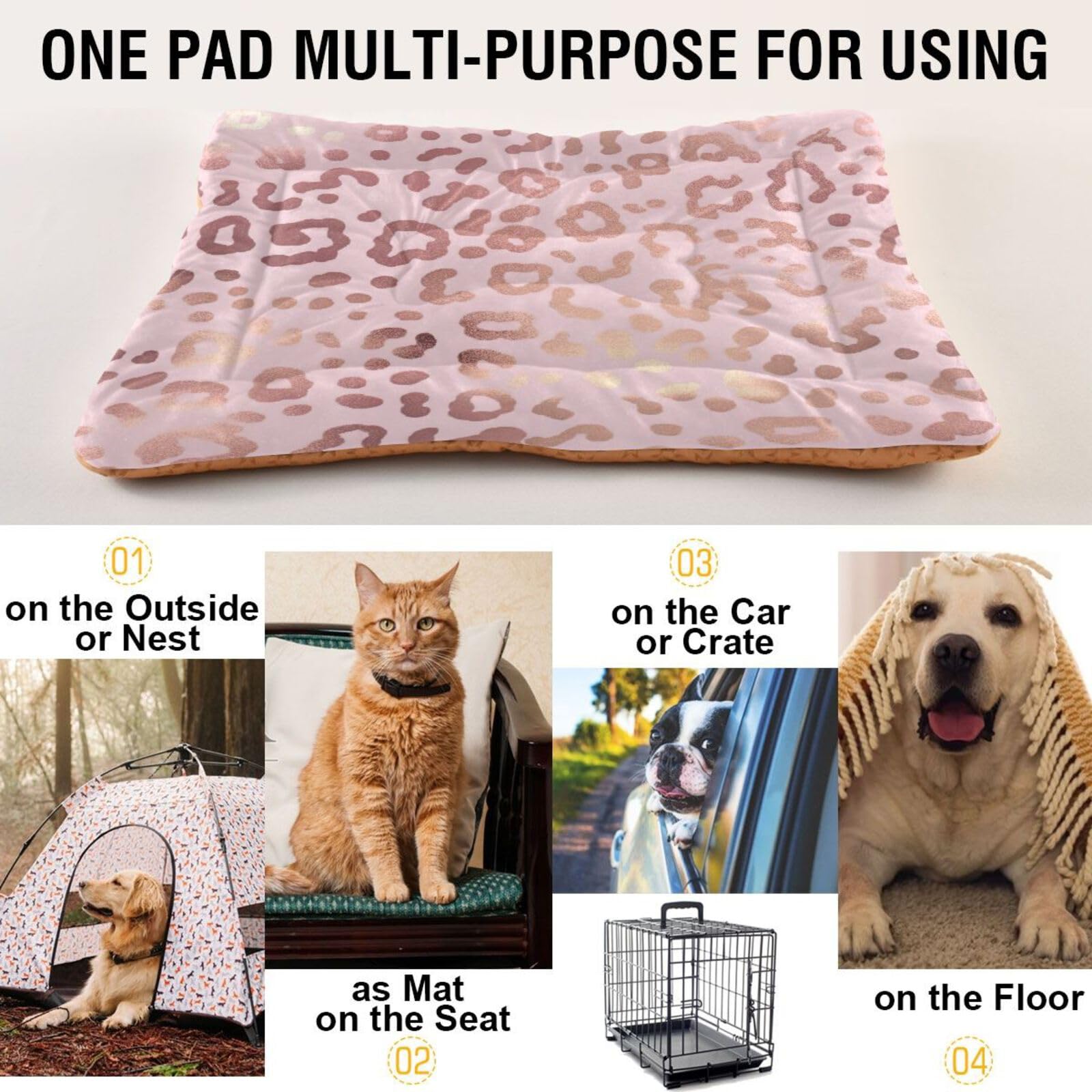 Coikll Leopard Pink Pet Bed Pad Soft Dog Bed Mat With Anti-Slip Bottom, Machine Washable Crate Pad Mattress For Dog Sleeping- 24