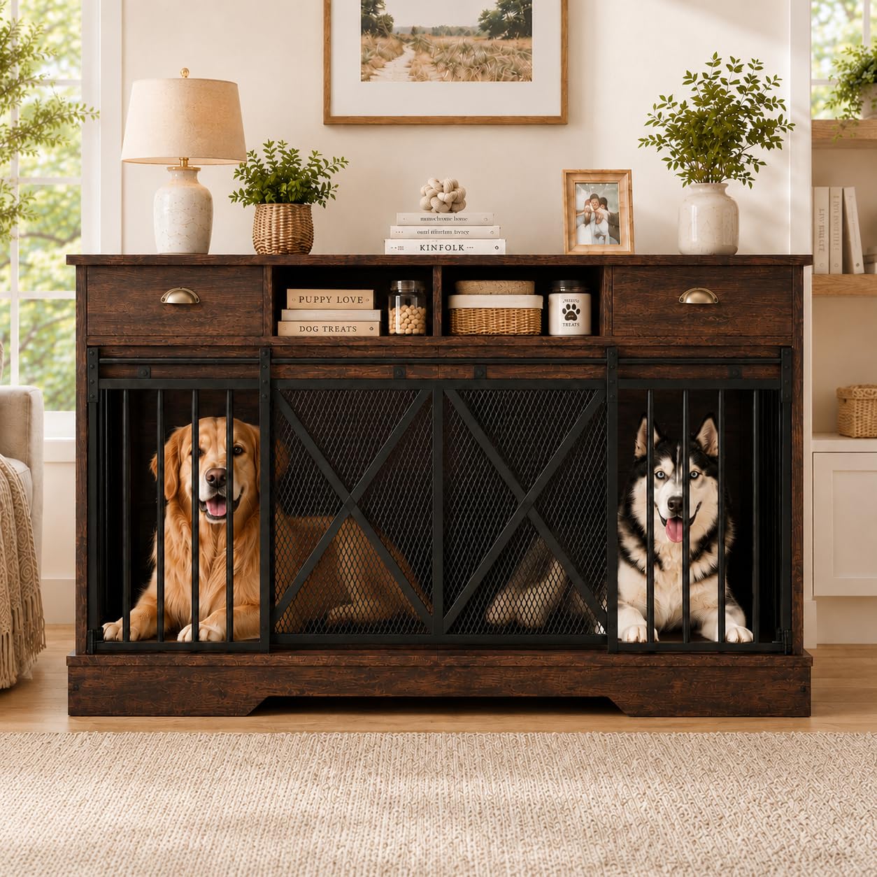 63 Large Dog Crate Furniture, Heavy Duty Indoor Dog Kennel with Removable Divider, Sliding Doors, 2 Drawers and Open Shelves, De