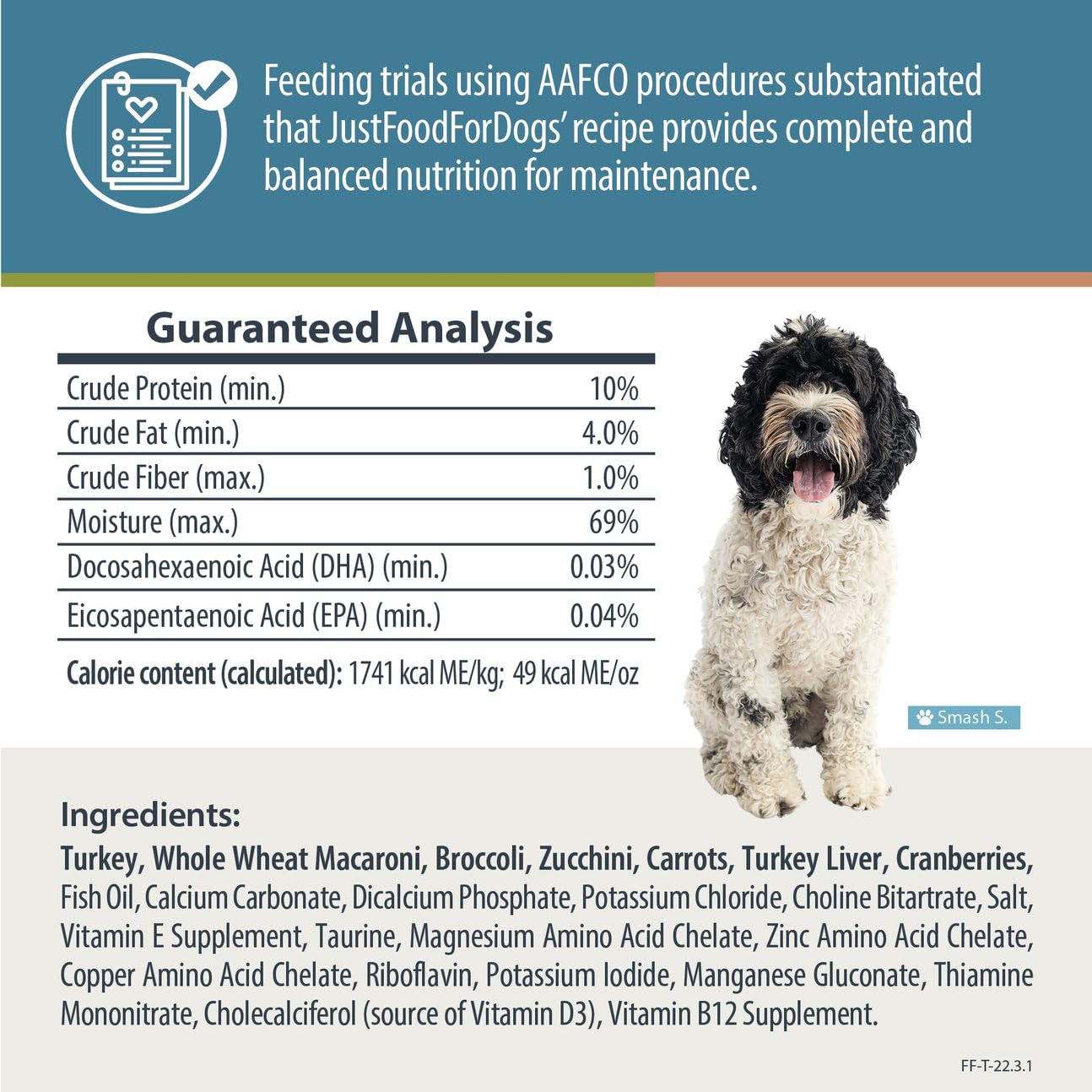 JustFoodForDogs Frozen Fresh Dog Food, Complete Meal or Topper, Turkey & Whole Wheat Macaroni Human Grade Recipe, 18 oz (Pack of