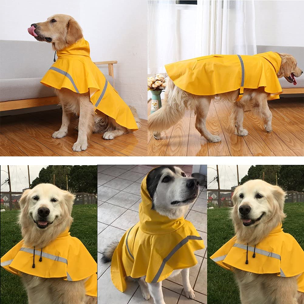 NACOCO Large Dog Raincoat Adjustable Pet Water Proof Clothes Lightweight Rain Jacket Poncho Hoodies with Strip Reflective (M, Ye