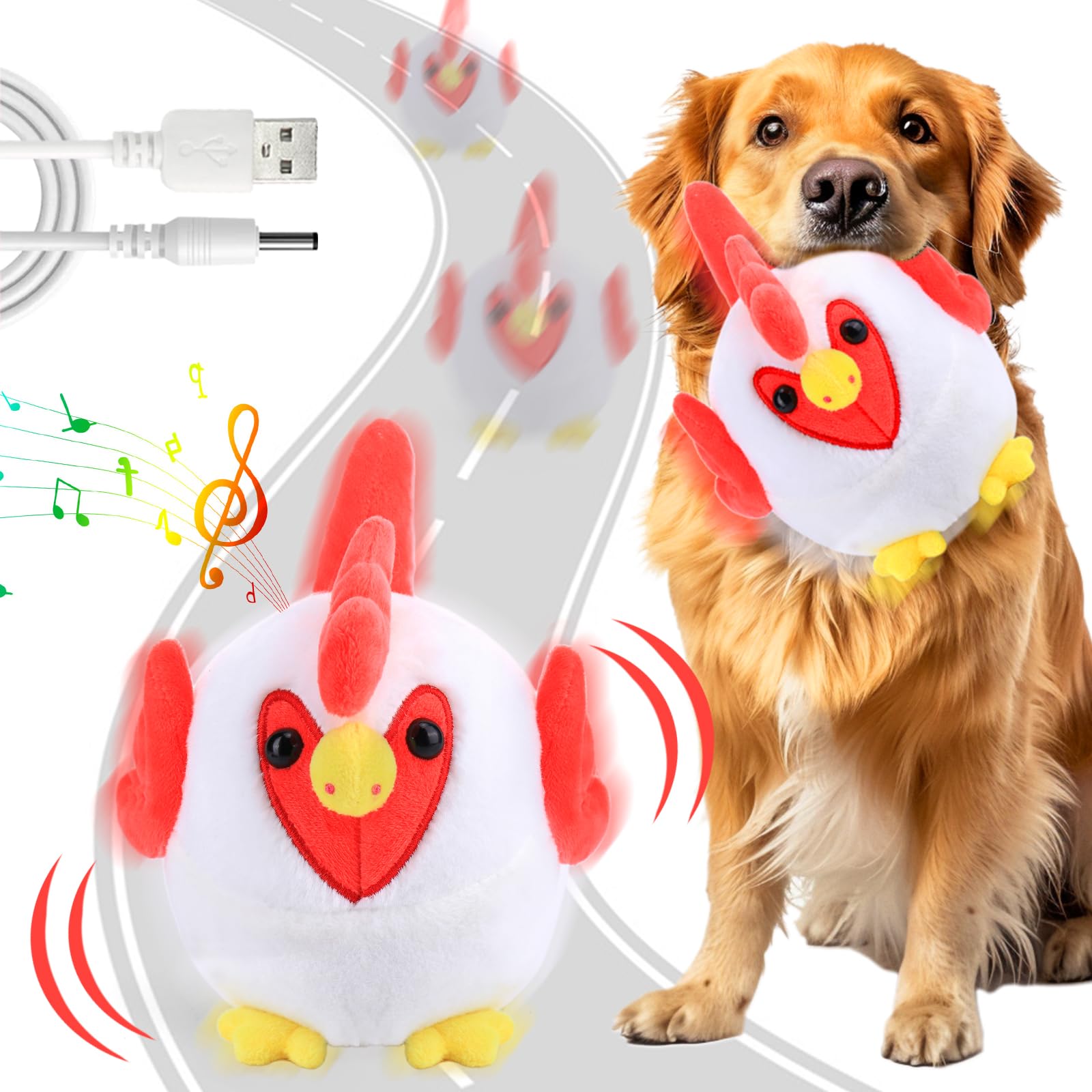 Interactive Dog Toys, Crazy Chicken Dog Toy with Pop Songs and Recording Mode, Rechargeable Active Self Moving Ball for Small/Me