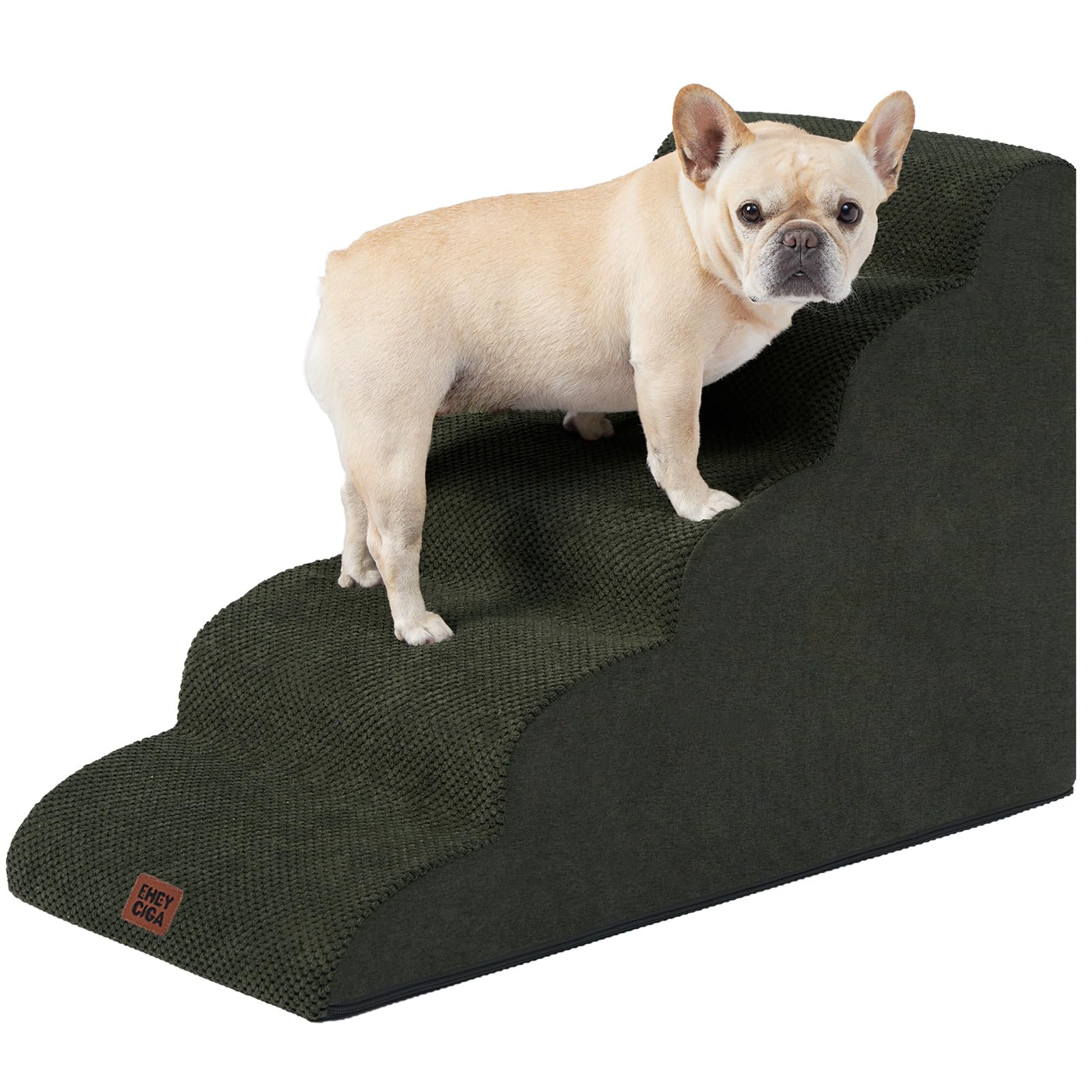 Eheyciga Curved Dog Stairs Ramp For High Beds 22.6' H, 5-Step Dog Steps For Small Dogs And Cats, Pet Stairs For High Bed Climbing, Non-Slip Balanced Pet Step Indoor, Olive Green