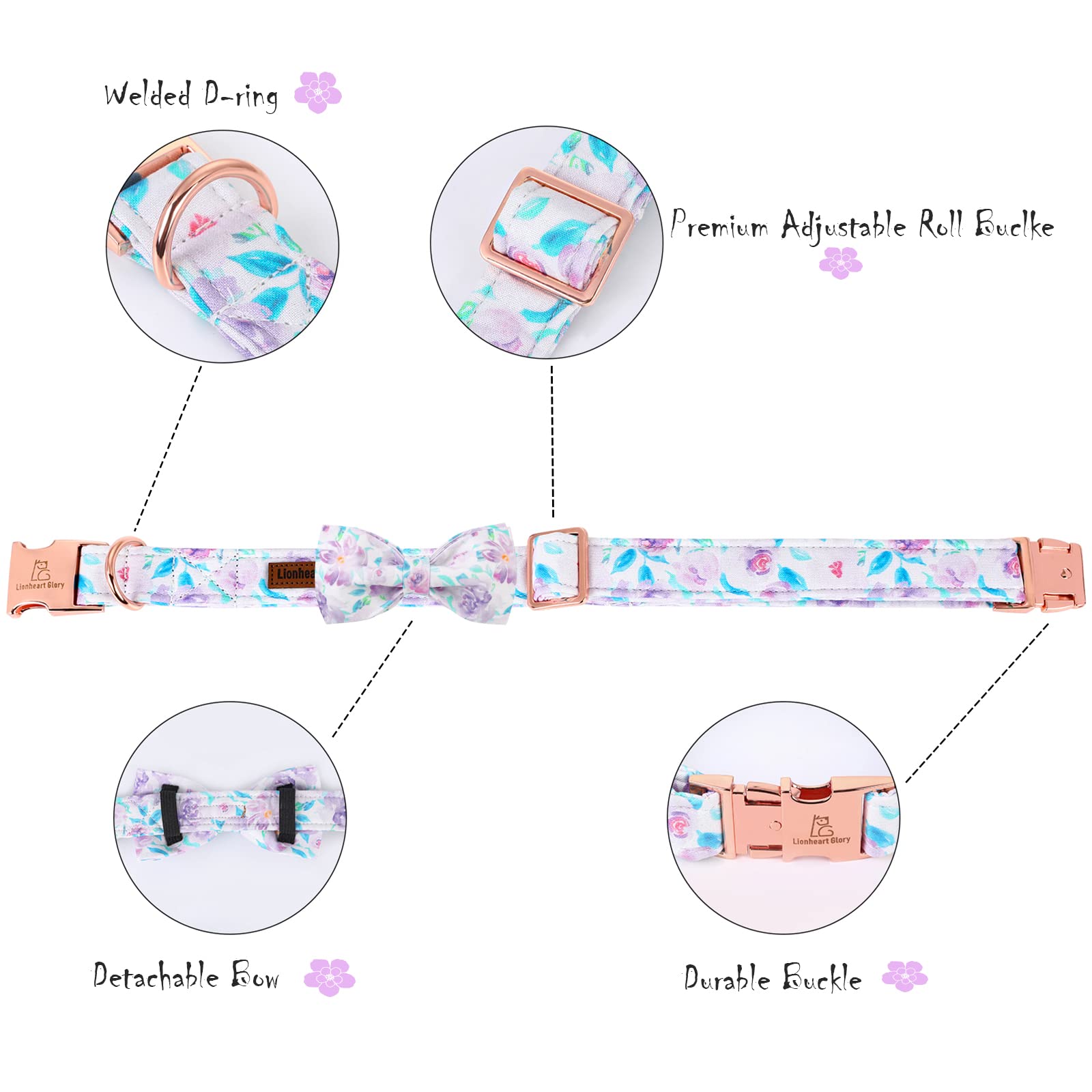 Lionheart Glory Purple Dog Collar, Adjustable Dog Collar With Bowtie, Pet Gift Collar For Dog Soft Bowtie Dog Collars For Small