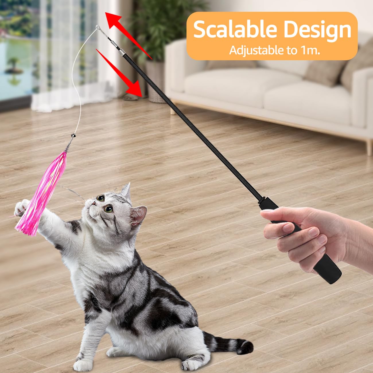 Cat Toys For Indoor Cats,1 Wand+1 Suction Cup+2 Bird+2 Feather+2 Ball+2 Tail+2 String, Interactive Enrichment Stimulation Self P