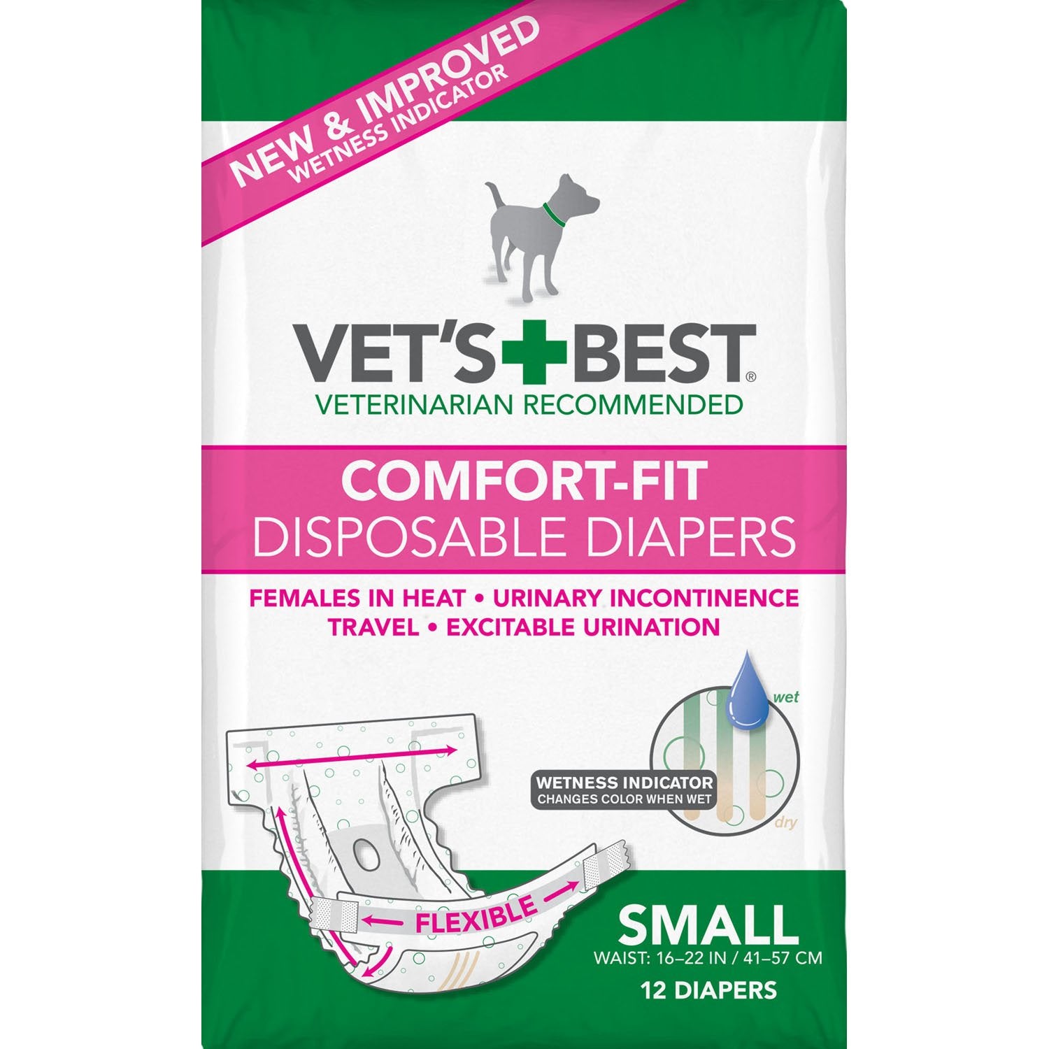 Vets Best Comfort Fit Dog Diapers | Disposable Female Dog Diapers | Absorbent with Leak Proof Fit | Small, 12 Count