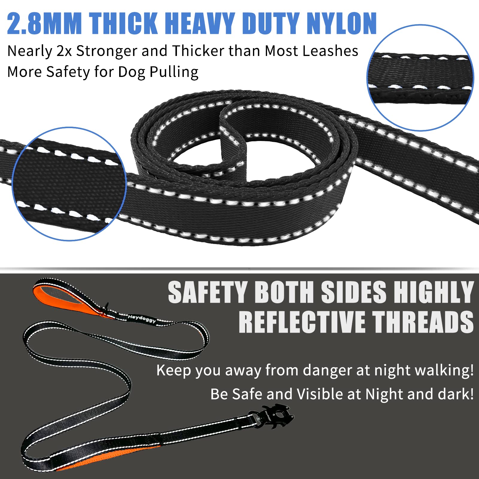 Strong Heavy Duty Dog Leash - 5Ft Reflective Nylon Training Leash With Soft Padded Double Handle & Auto Lock Frog Clip - Safety Traffic Control For Large Medium Small Dog No Pull Walk Black Orange,5Ft