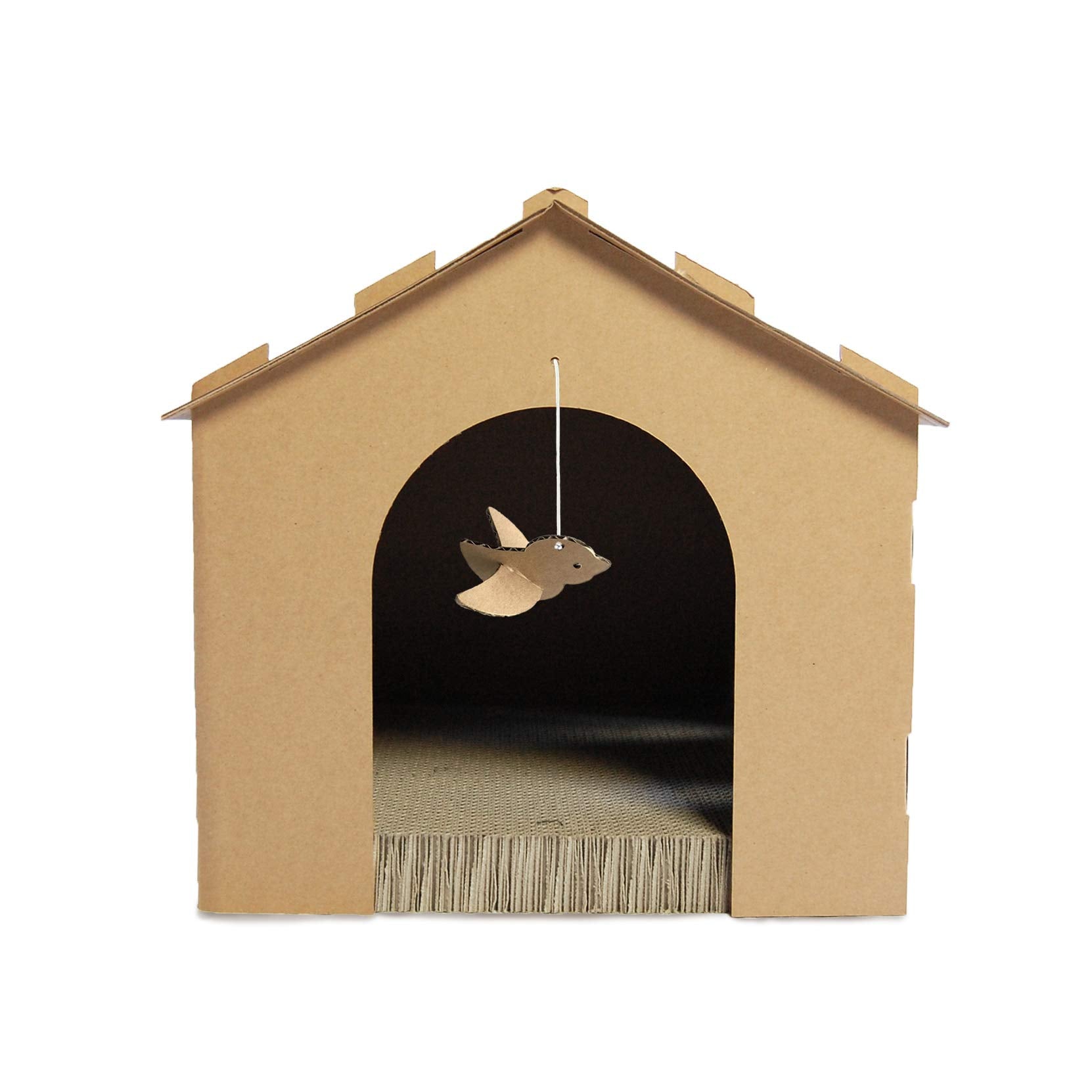 Furhaven Cardboard Cat House Gingerbread House, Cat Hideout Scratcher with Detachable Hanging Toys