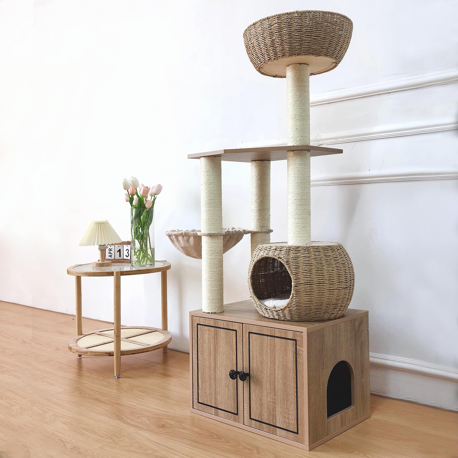 Rattan Cat Tree For Indoor Cats,Tall Cat Tree Tower With Cat Scratching Post,Wood Cat Tower For Indoor Cats,56.7 Inch Tall