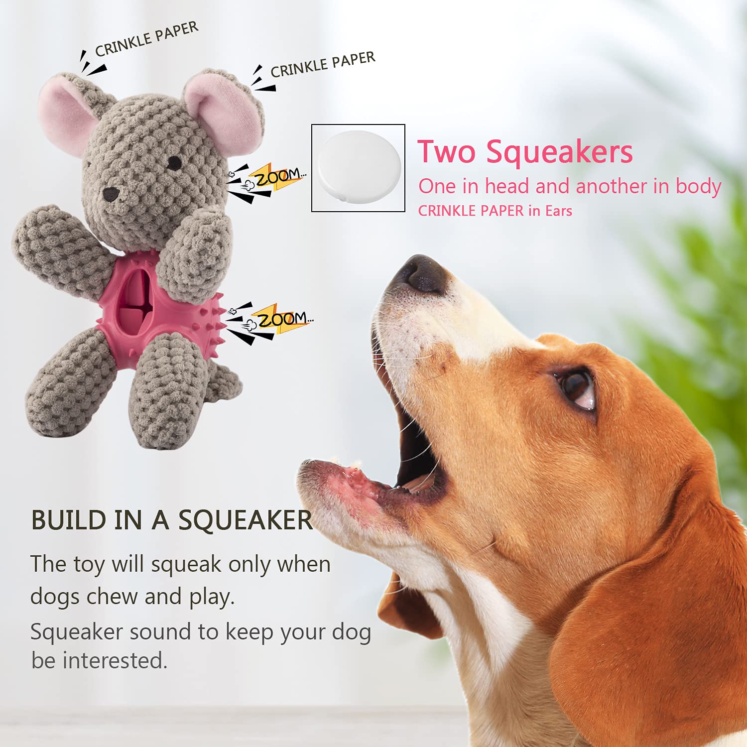 GOOLA Dog Squeaky Toys, Interactive Durable Plush Dog Toy with Squeaker and Crinkle Paper, Natural Rubber Chew Puzzle Dog Toys L