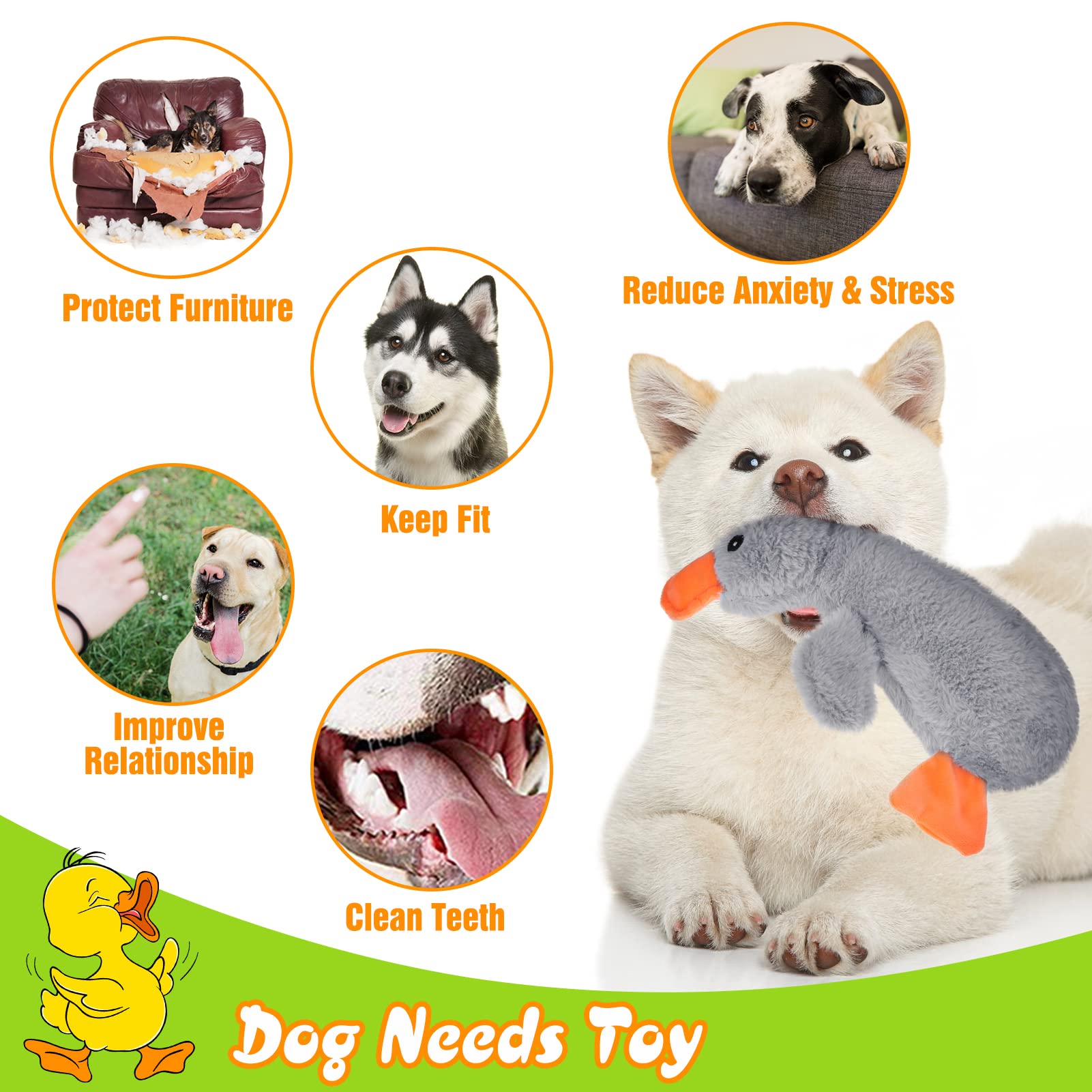 Expawlorer Plush Squeaky Duck Dog Toy - Soft Stuffed Cute Duck, Best Birthday Gift Interactive Filled Chew Toys For Small Medium Large Dogs Puppy Biting Training Teething, Grey