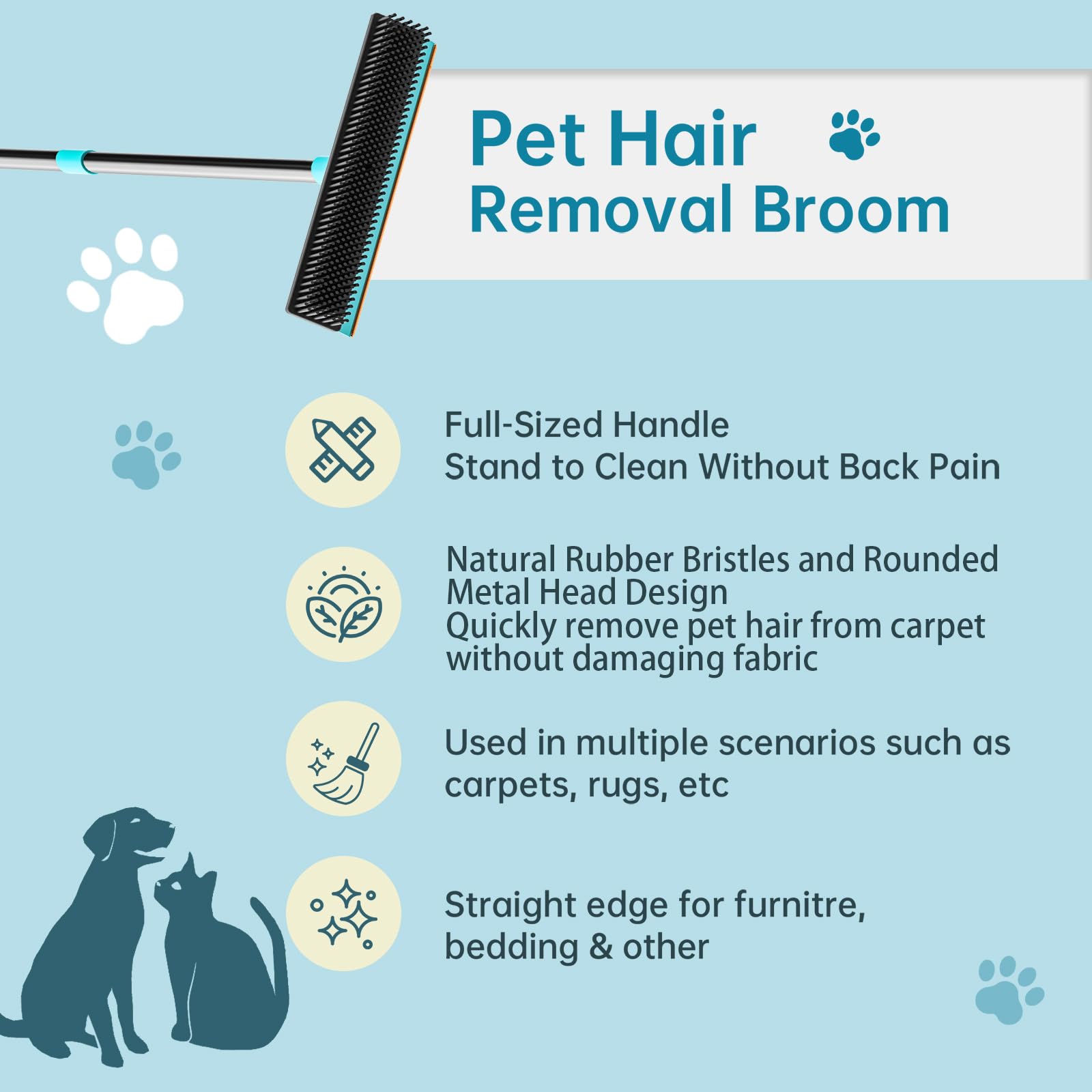 SOCCSO Carpet Rake - 60'' Long Handle Pet Hair Removal with Metal Fabric Edge Design,Carpet Broom,Carpet Rake for Carpets, Rugs,