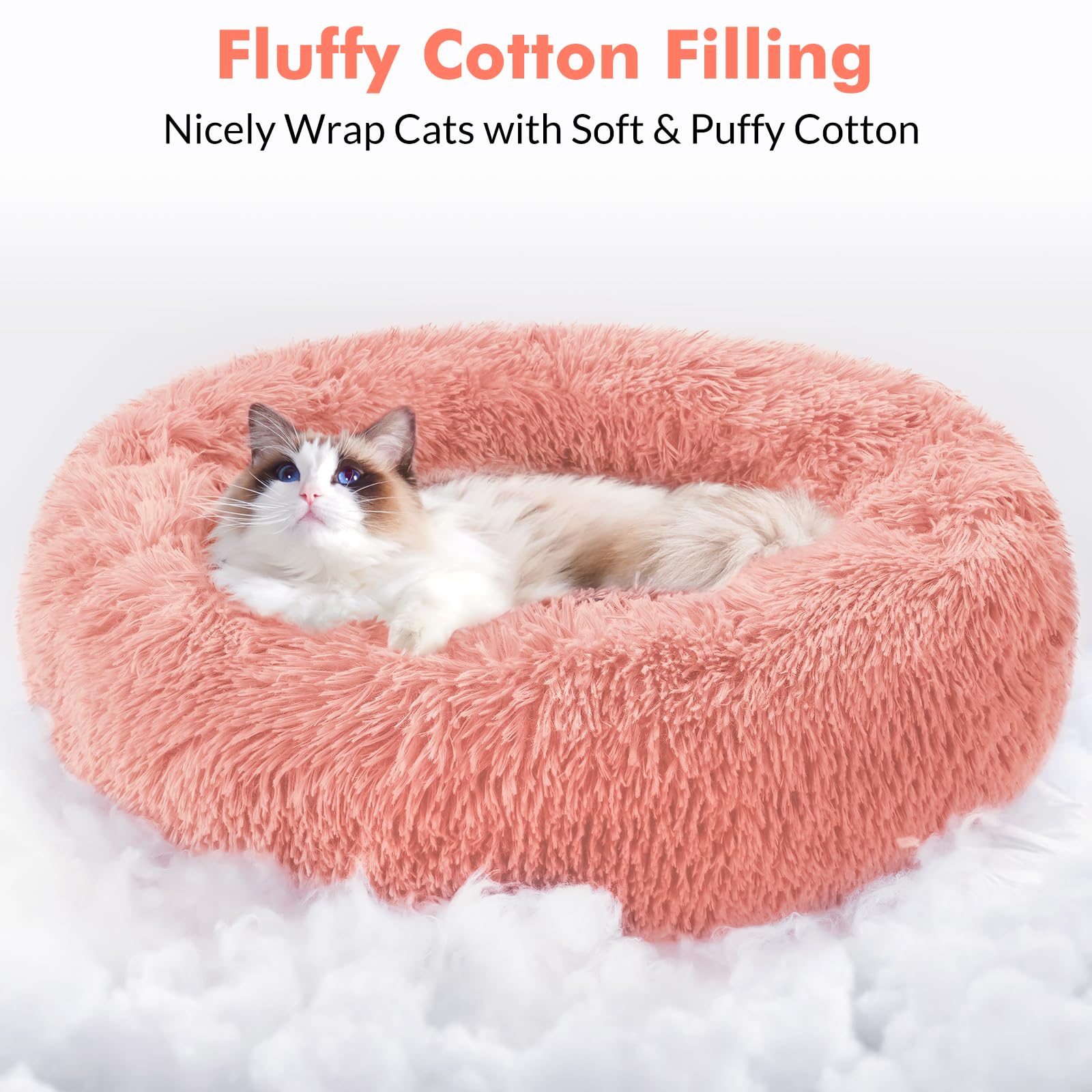 Rabbitgoo Cat Beds For Indoor Cats, 24 Inches Cat Bed Machine Washable, Fluffy Round Pet Bed Non-Slip, Calming Soft Plush Donut Cuddler Cushion Self Warming For Small Dogs Kittens, Pink, Large