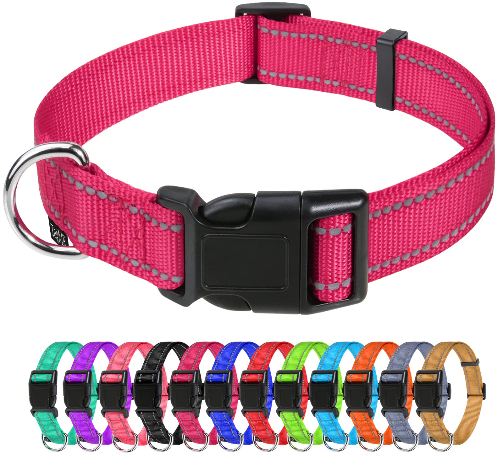 Tagme Reflective Nylon Dog Collars, Adjustable Classic Dog Collar With Quick Release Buckle For Extra Large Dogs, Hot Pink, 1¼' Width