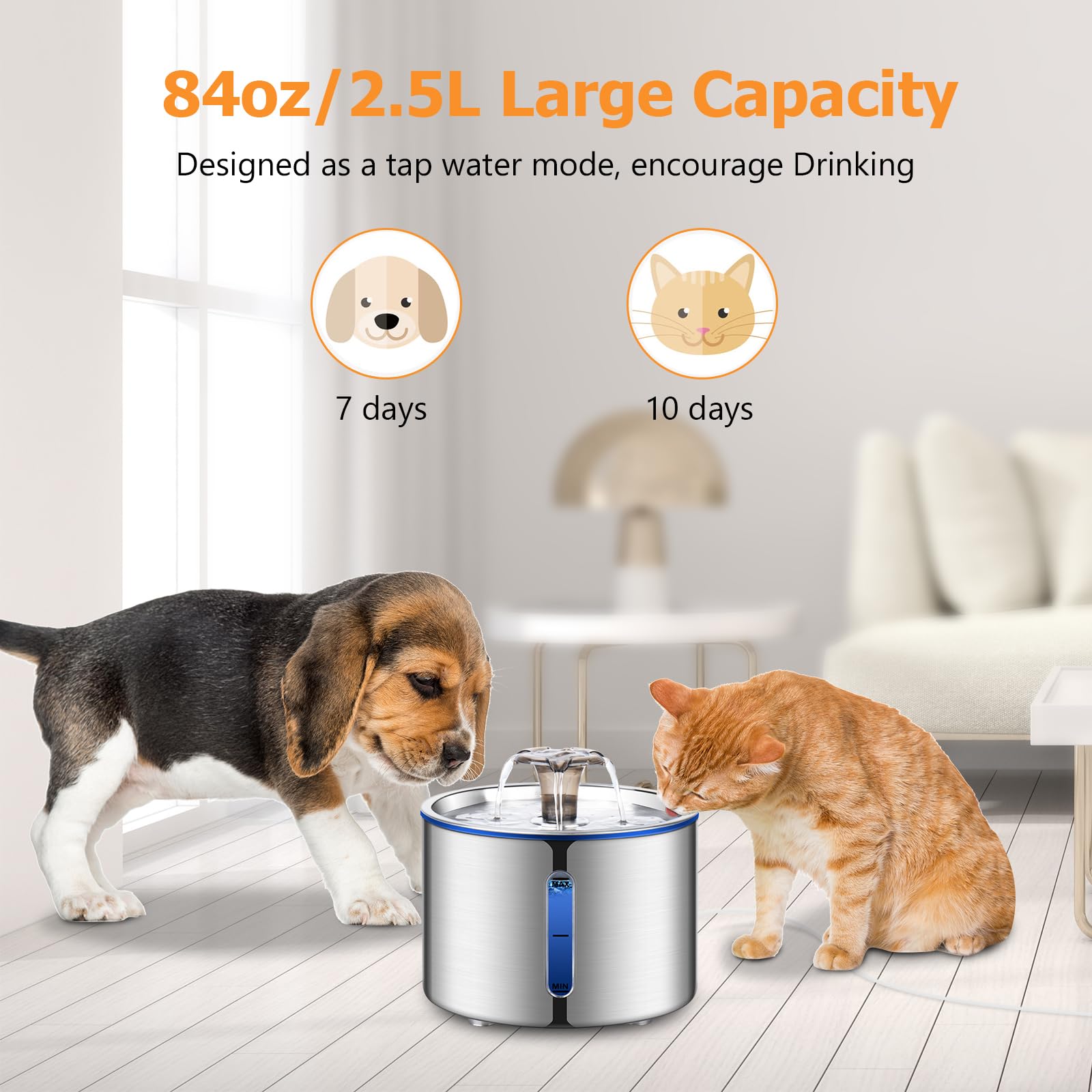 Boorca Cat Water Fountain, 84Oz/2.5L Stainless Steel Pet Water Fountain, Automatic Dog Water Dispenser With Water Level Window,