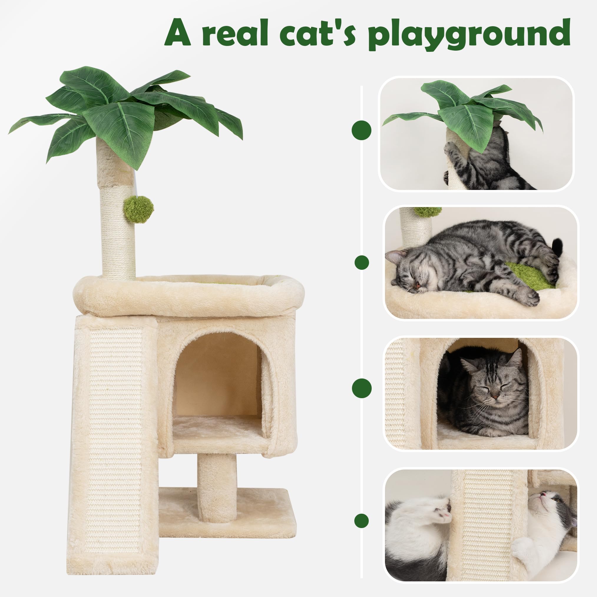 Meowoou Palm Cat Tree Tower For Indoor Cats With Cozy Cat Condo, 33' Natural Sisal Scratching Posts And Plush Pom-Pom For Small