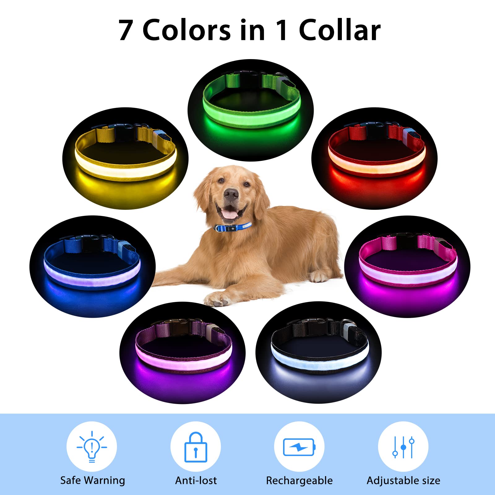 Pceotllar Light Up Dog Collar For Night Walking - Led Dog Collar Light Rechargeable Color Changing, Glow In The Dark Dog Collars