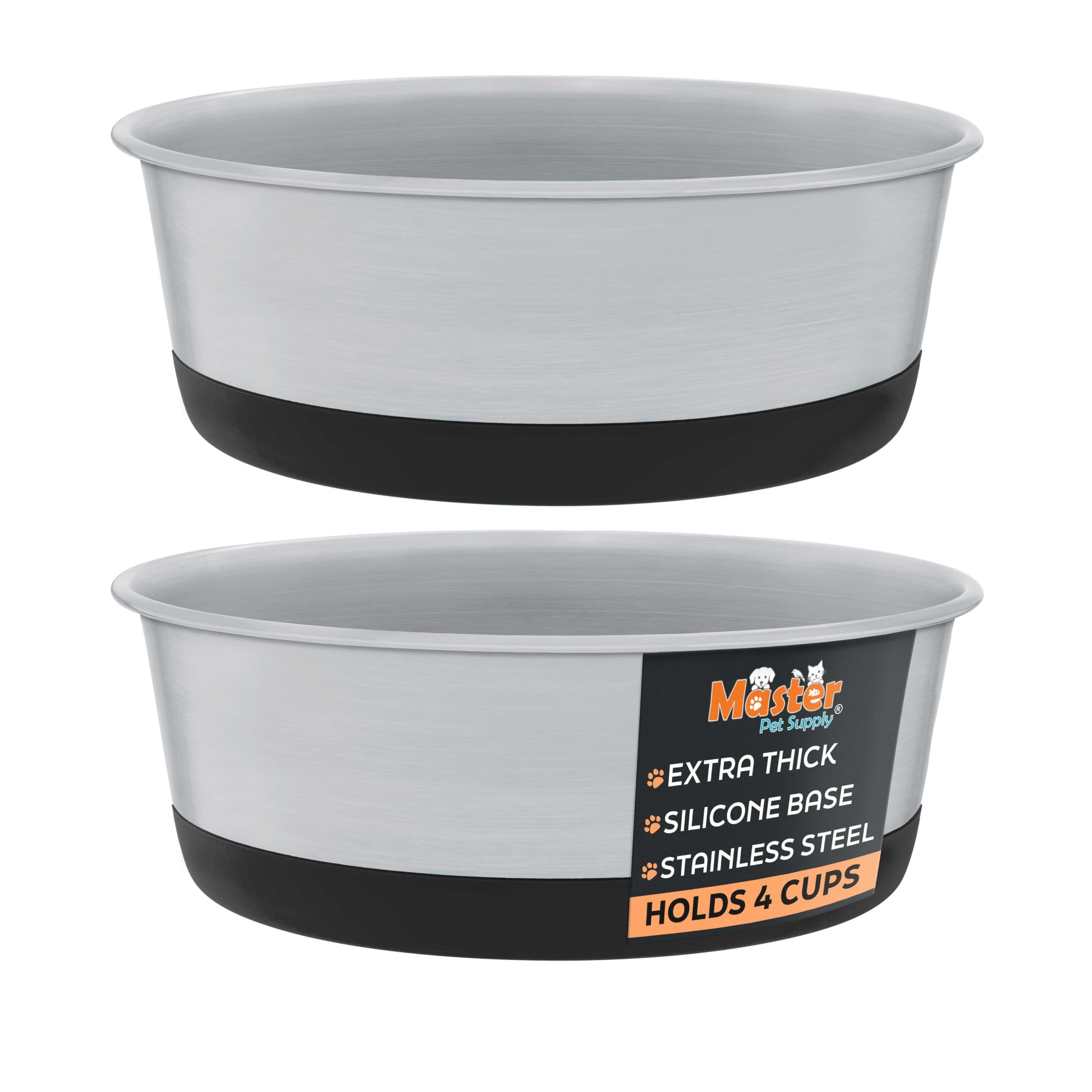 Master Pet Supply Stainless Steel Dog Bowls Set of 2 with Extra Thick Silicone Base - 4 Cup (32 oz) Black Velvet, Non-Slip, Dish