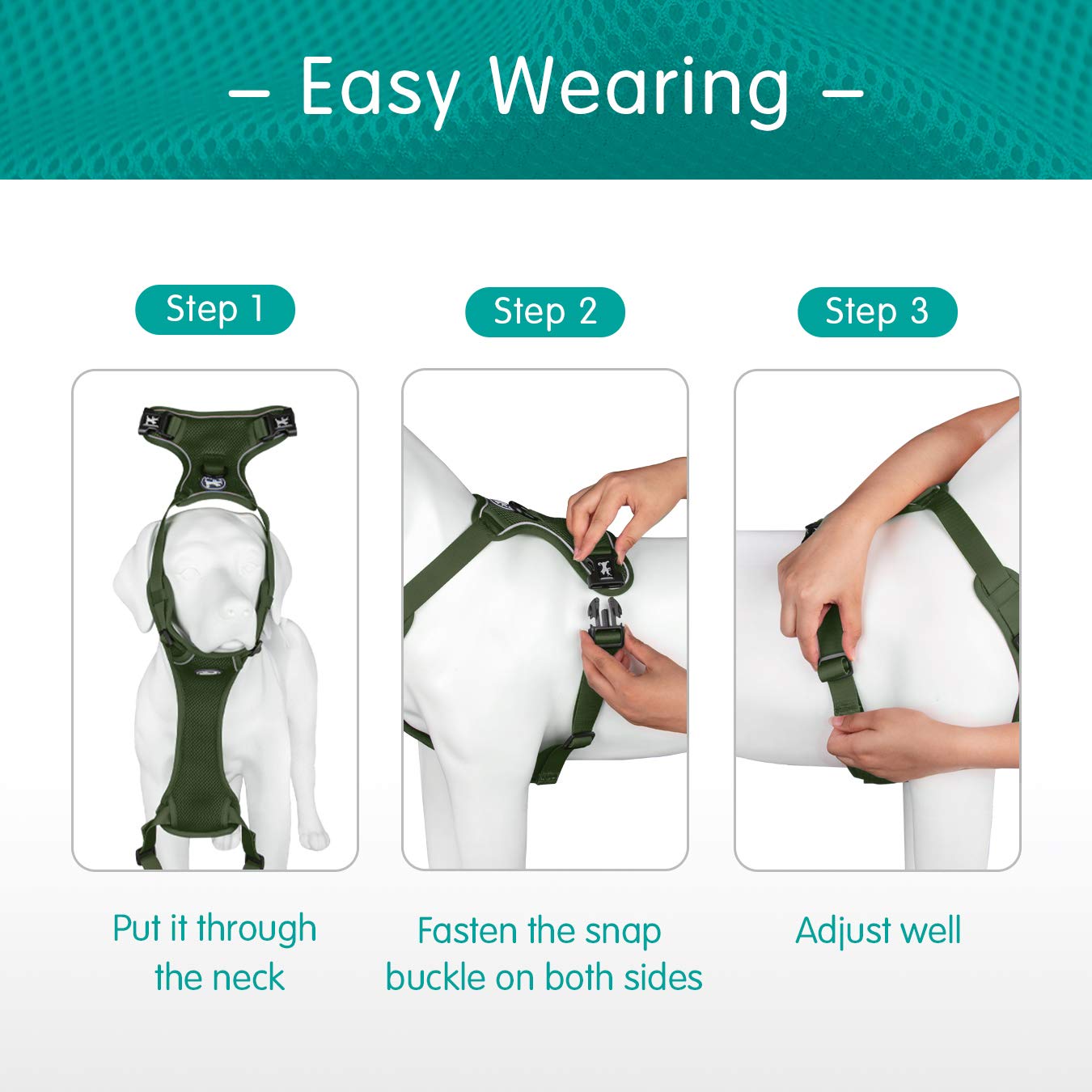 Poypet Reflective Soft Breathable Mesh Dog Harness Choke-Free Double Padded Vest With Adjustable Neck And Chest(Military Green,S