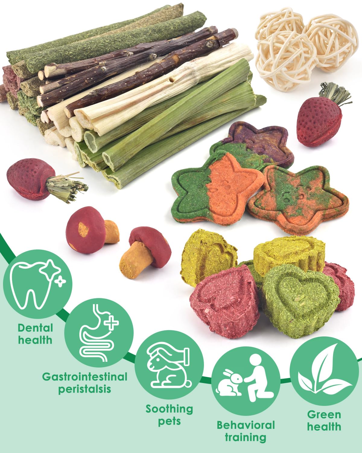 Erkoon 53Pcs Bunny Chew Toys, Rabbit Chew Toys For Teeth Grinding, Improve Dental Health, 100% Natural Apple Wood Timothy Grass