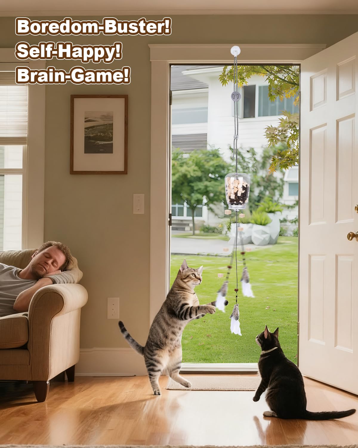 TXRRURE Interactive Cat Treat Dispenser Toy, Hanging Puzzle Toy for Slow Feeding & Cat Weight Loss, with Feather Teaser, Enrichm