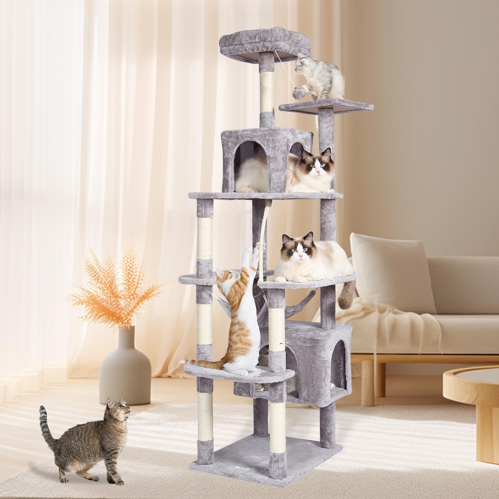 VEVOR Cat Tree 72 Cat Tower with 2 Cat Condos Sisal Scratching Post Light Grey