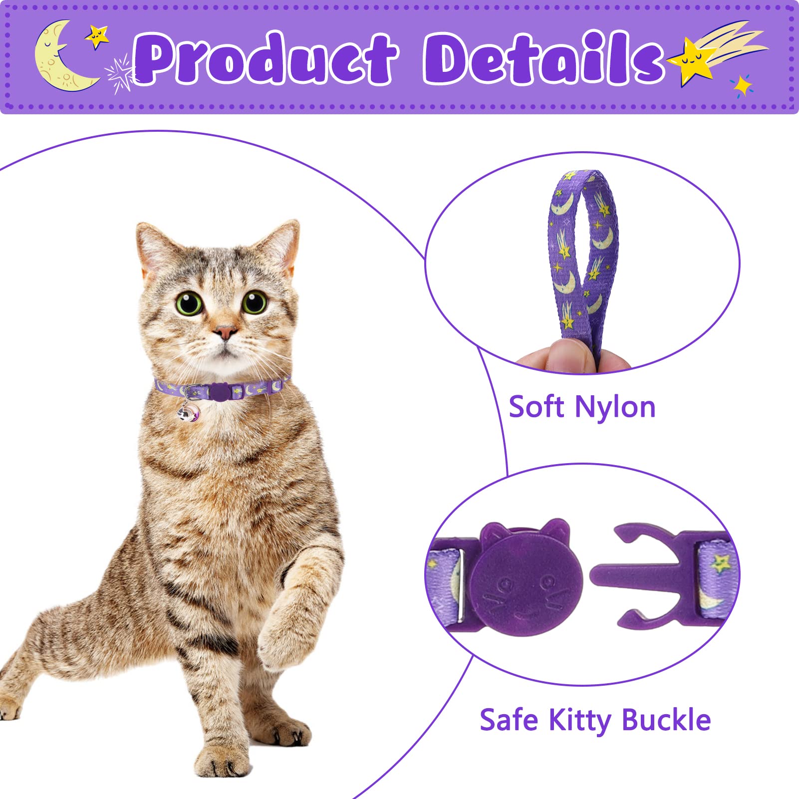 Vkpetfr Breakaway Cat Collars With Bell & Cute Pendants, 3 Pack Safety Buckle Kitten Collars, Adjustable Pet Collar Ideal For Gi