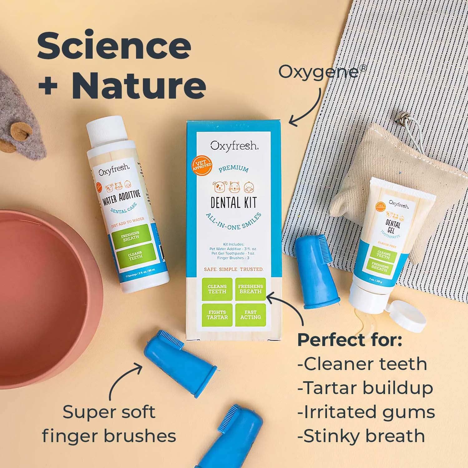 Oxyfresh Pet Dental Kit - Vet-Formulated Toothpaste & Water Additive, 1oz + 3oz, 3 Large Brushes - Fresh Breath & Clean Teeth for Dogs & Cats