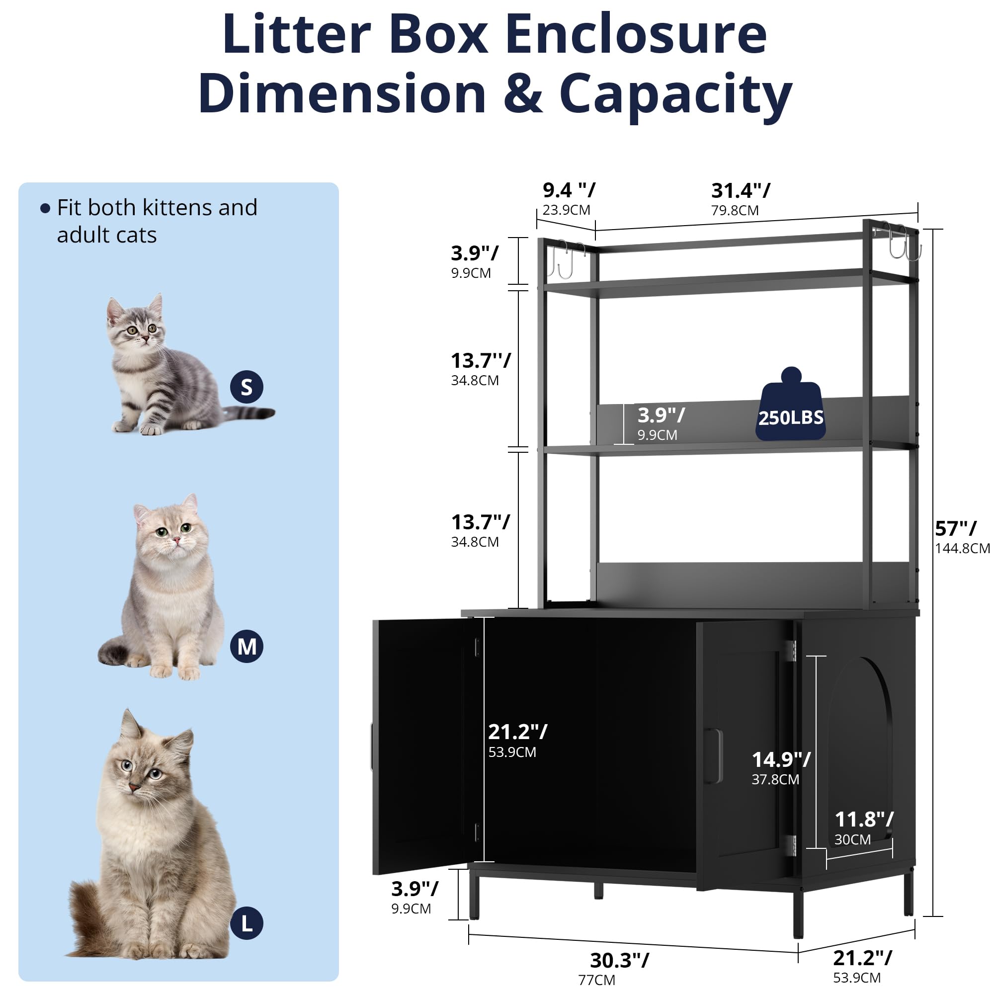 Cozy Castle Litter Box Enclosure, 57' Cat Litter Box Furniture With Large Cabinet, Shelves And 4 S-Hooks, Hidden Cat House For