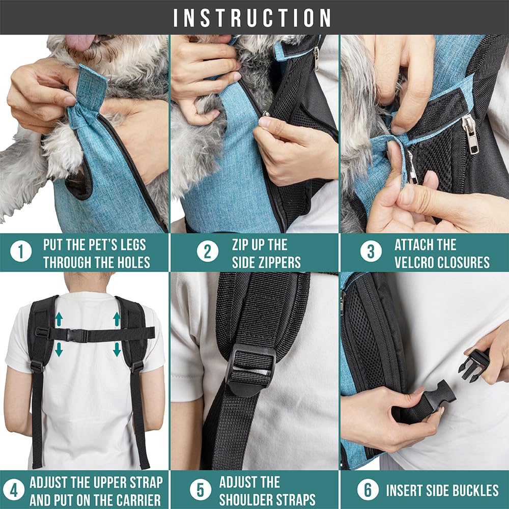 Petami Dog Carrier Backpack, Adjustable Pet Cat Front Carrier Backpack, Ventilated Dog Chest Carrier For Hiking Camping Travel, Sling Bag For Small Medium Dog Cat Puppies, Large, 12-16 Lbs, Sea Blue