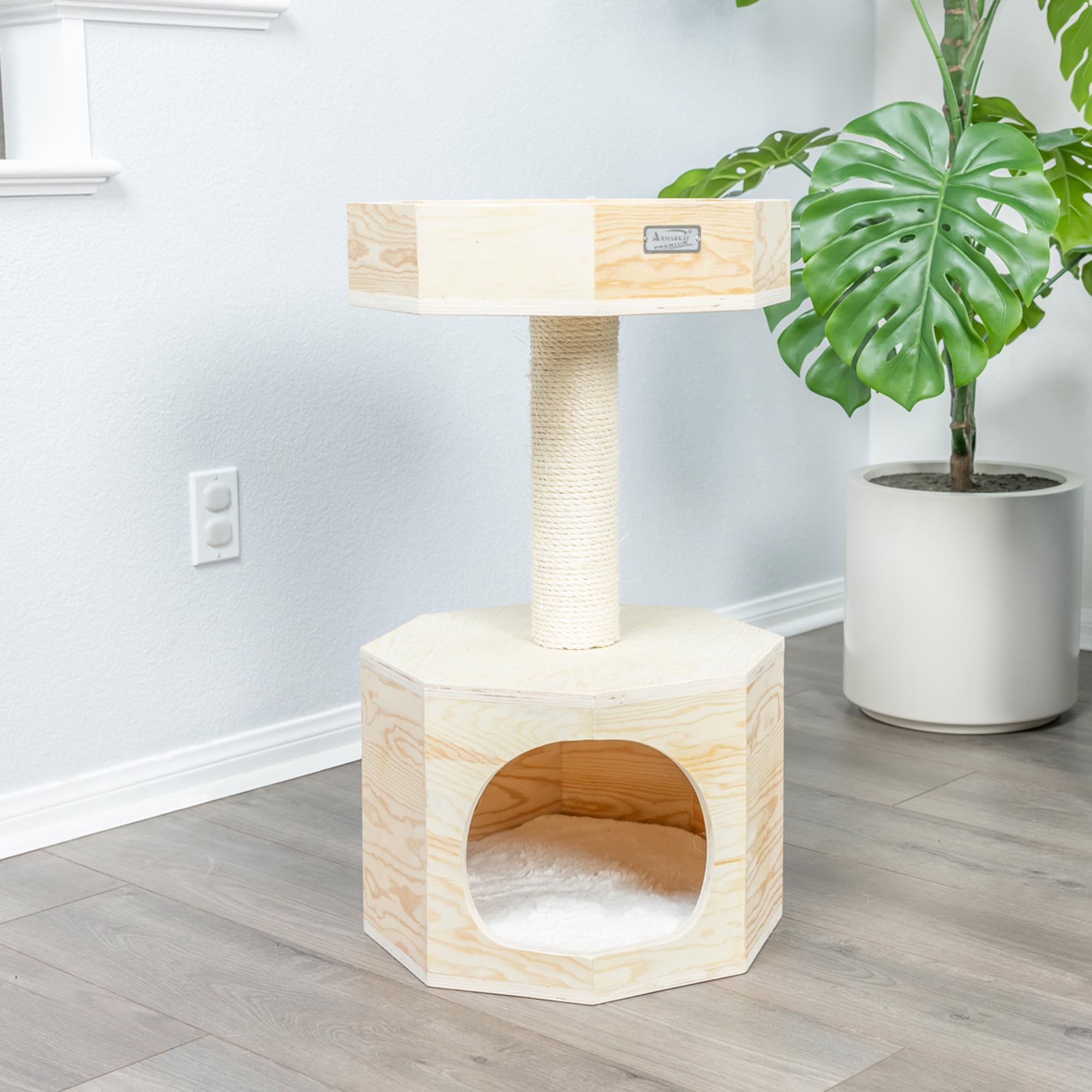 Armarkat Solid Wood Sturdy Cat Tree Condo House Furniture with Cushion S2906, Tan, 2 Levels