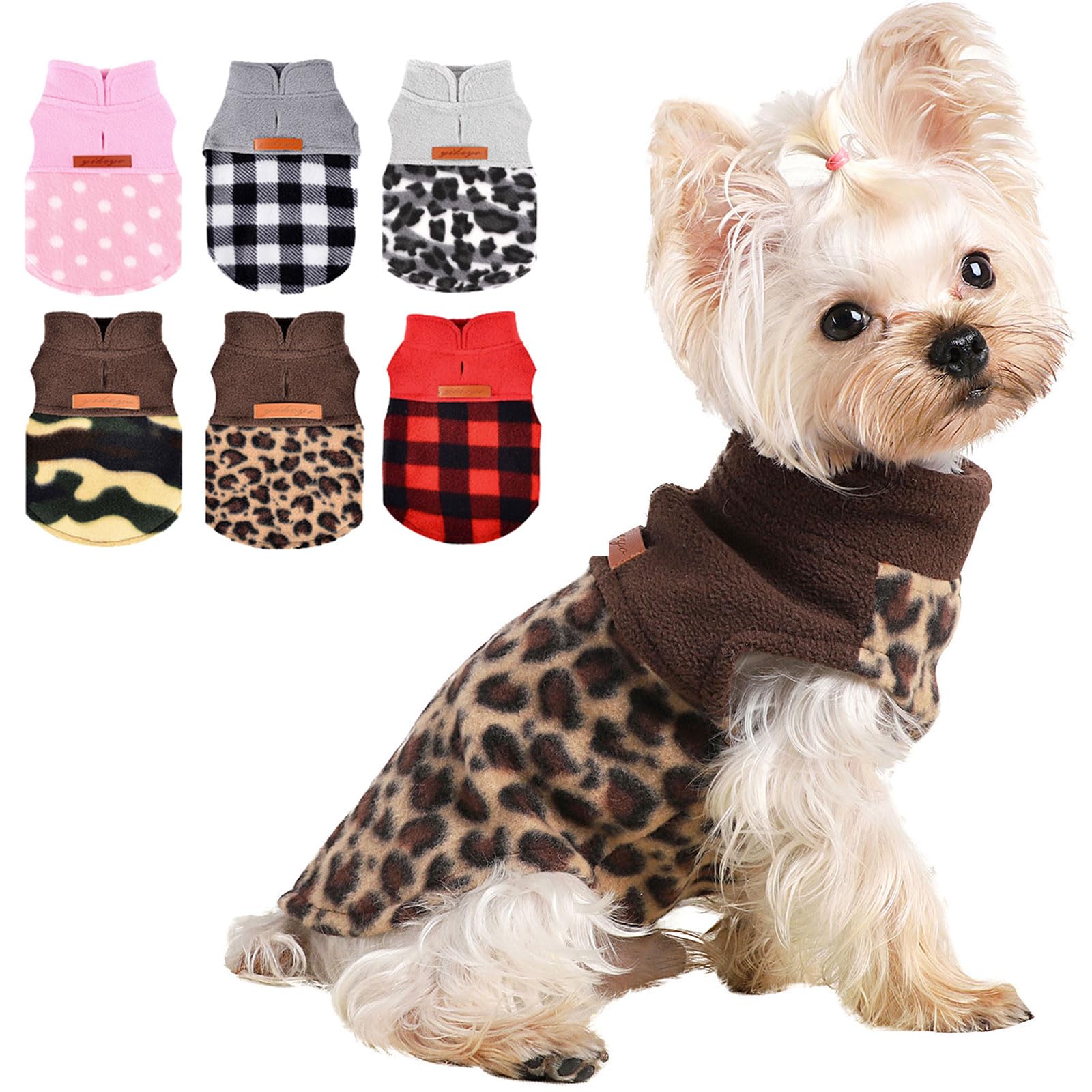 Kosiyi Fleece Leopard Vest Dog Sweater Stretchy Sweatshirt with Leash Hole Pet Clothes Lightweight Dog Cold Weather Coat for Sma
