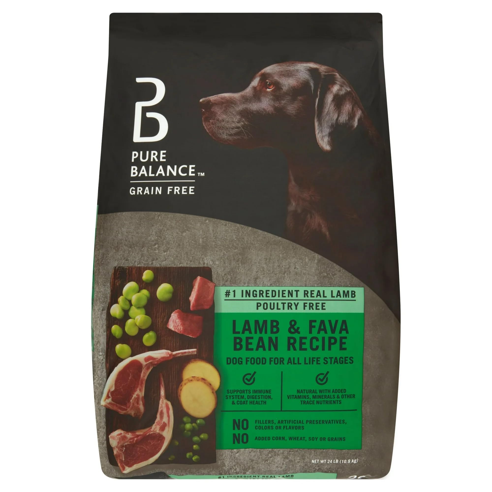 Pure Balance Grain-Free Lamb & Fava Bean Dry Dog Food, 24 lb Bag, Real Lamb First, No Corn Wheat Soy, Digestive Health, Immune S