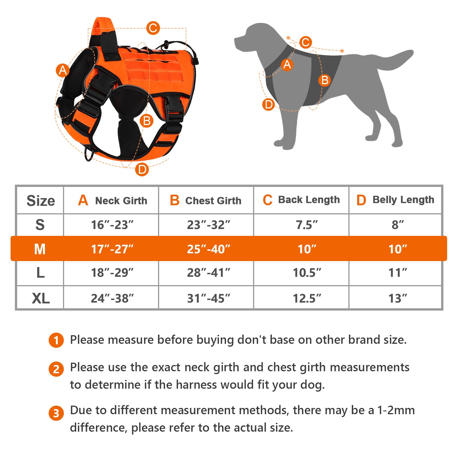 Wingoin Orange Tactical Dog Harness Vest For Large Medium Dogs No Pull Adjustable Reflective K9 Military Dog Service Dog Harnesses With Handle For Walking, Hiking, Training(M)