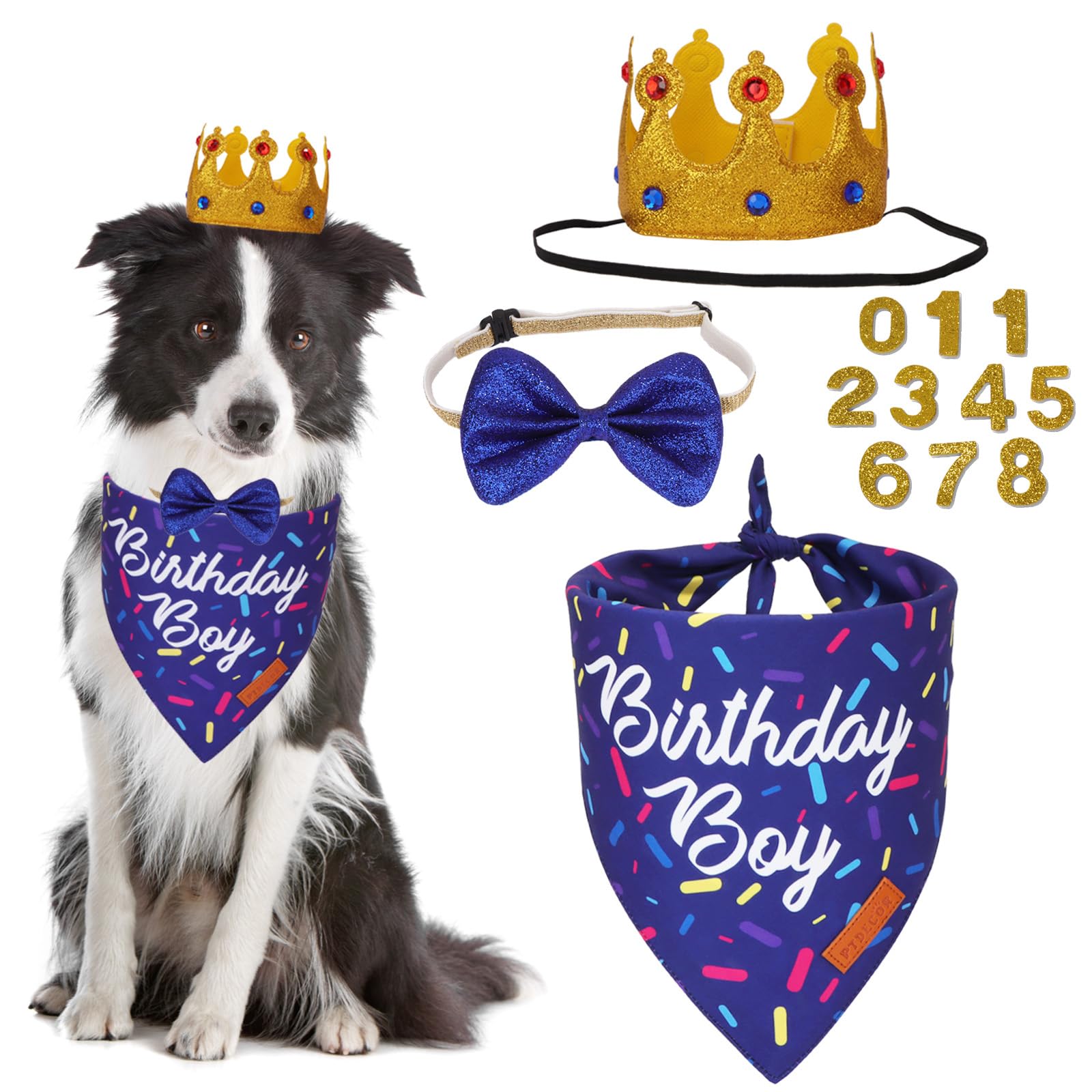 Ptdecor Dog Birthday Party Supplies, Birthday Boy Bandana Golden King Crowns With Numbers Puppy Blue Dog Bow Set For Medium Larg