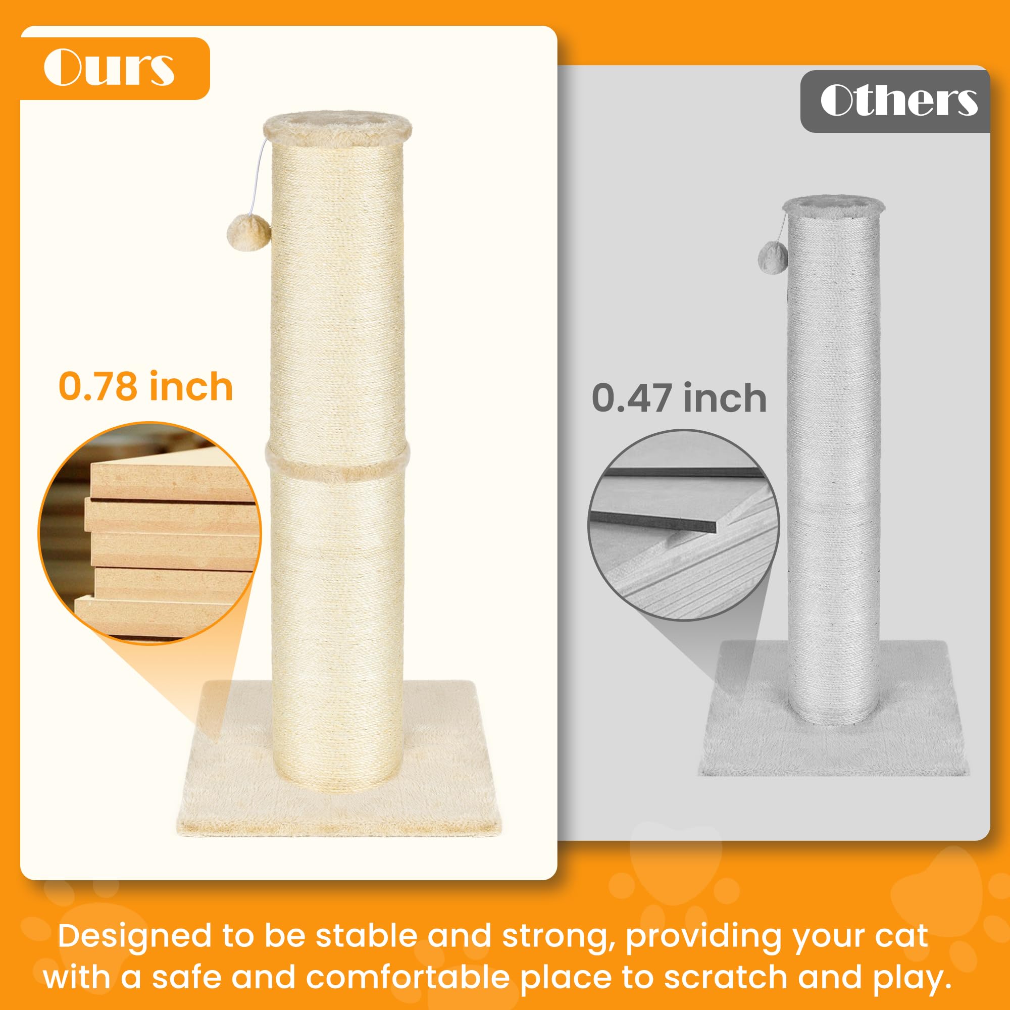Pawscrat Cat Scratching Post 32 Inch High, 5.5 Inch Large Diameter Natural Sisal Cat Scratch Post, Scratch-Resistant And Durable