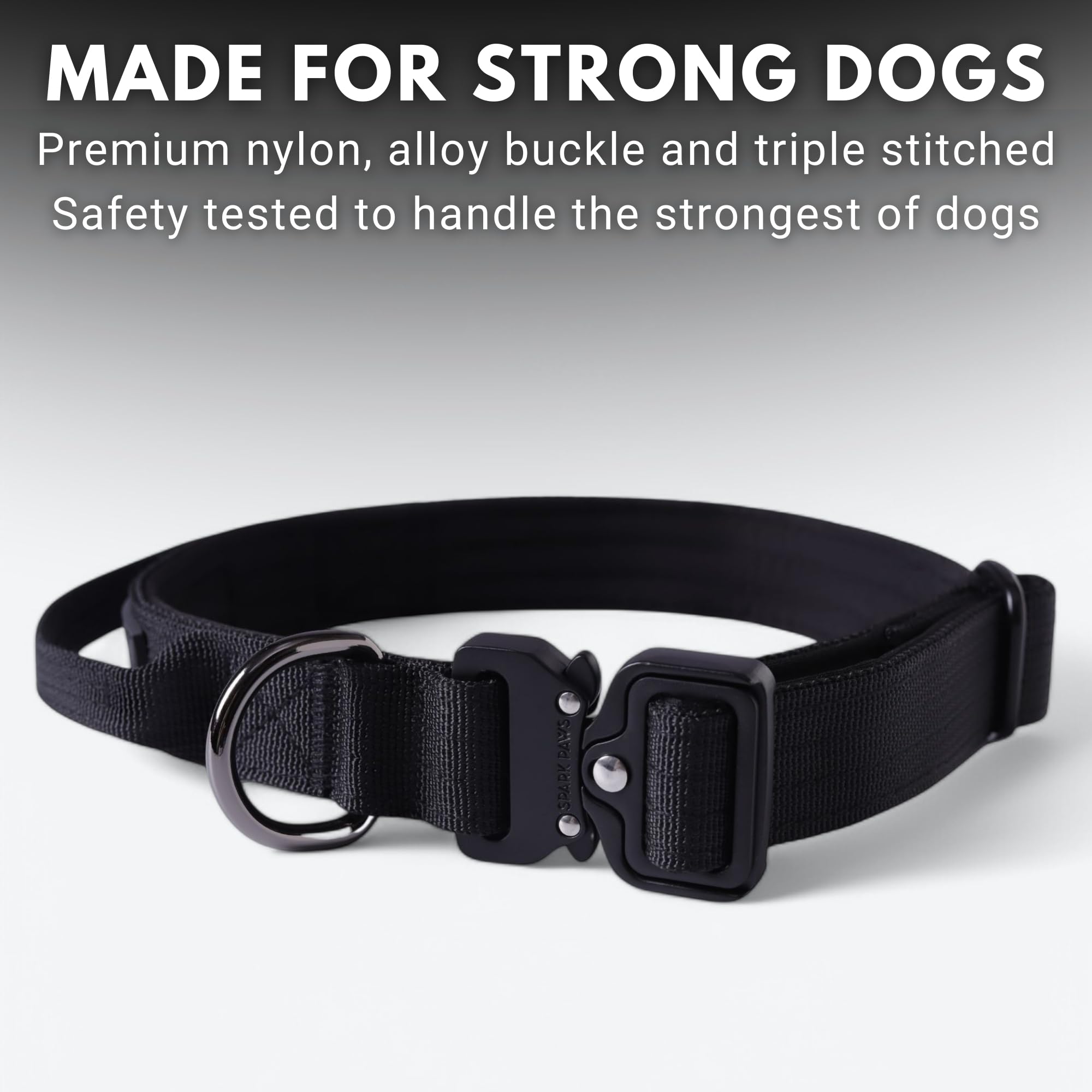 Spark Paws Tactical Dog Collar - Heavy Duty, Premium Quality, Thick And Durable For Large And Medium Dogs - Black - Xs - 1''