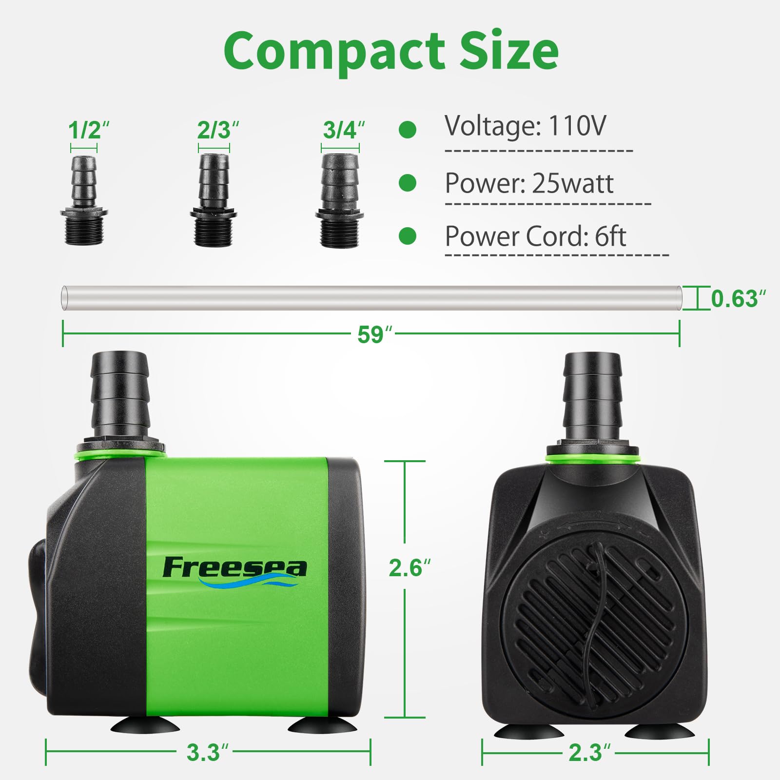 FREESEA Submersible Aquarium Fountain Pump: 400GPH 25W Adjustable Ultra Quiet Small Fish Tank Water Pump with 5ft Tubing for Out