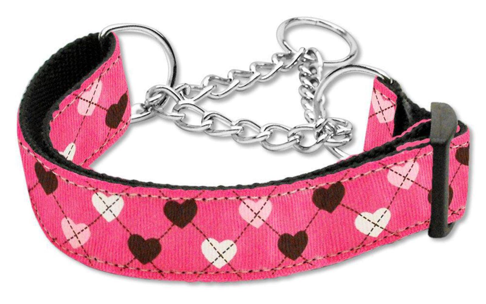 Mirage Pet Products Argyle Hearts Nylon Ribbon Martingale Collar for Pets, Medium, Bright Pink