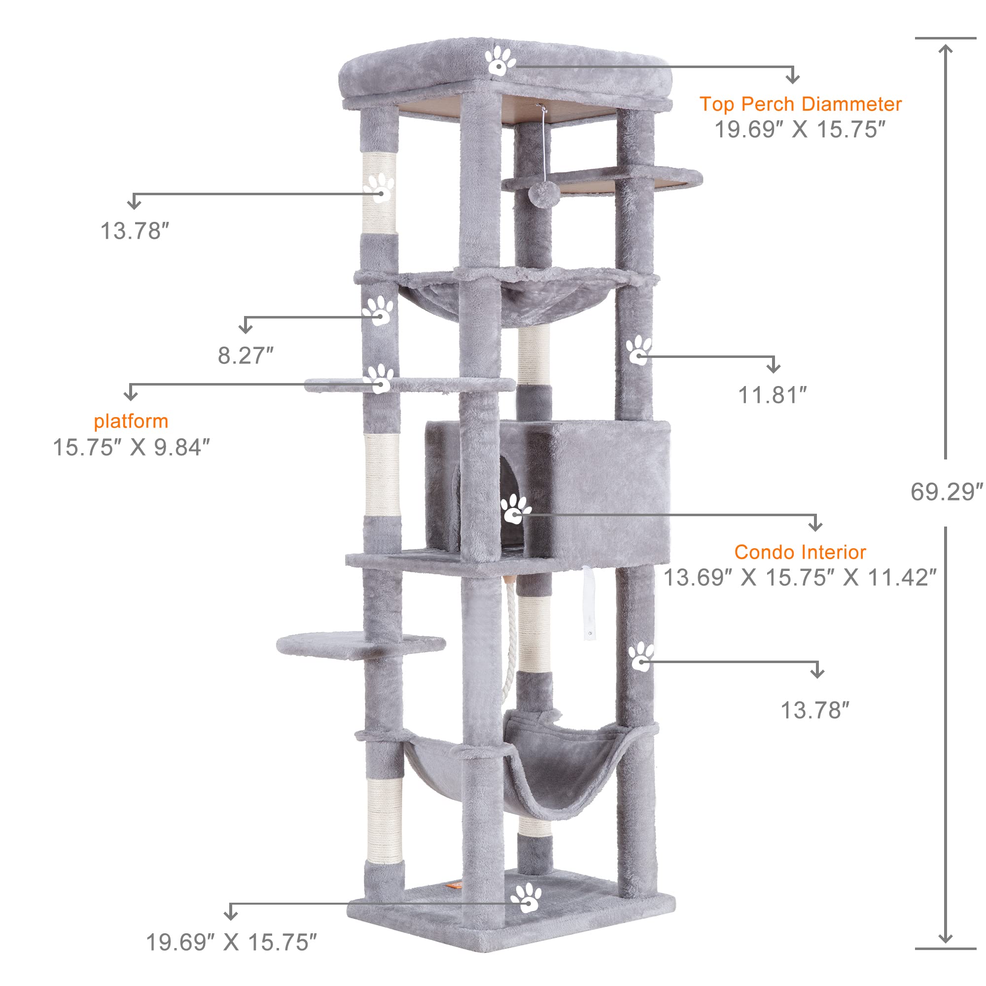 Heybly Cat Tree For Large Cats 20 Lbs Heavy Duty,69 Inches Xxl Cat Tower For Indoor Cats,Multi-Level Furniture Condo With Big Pa