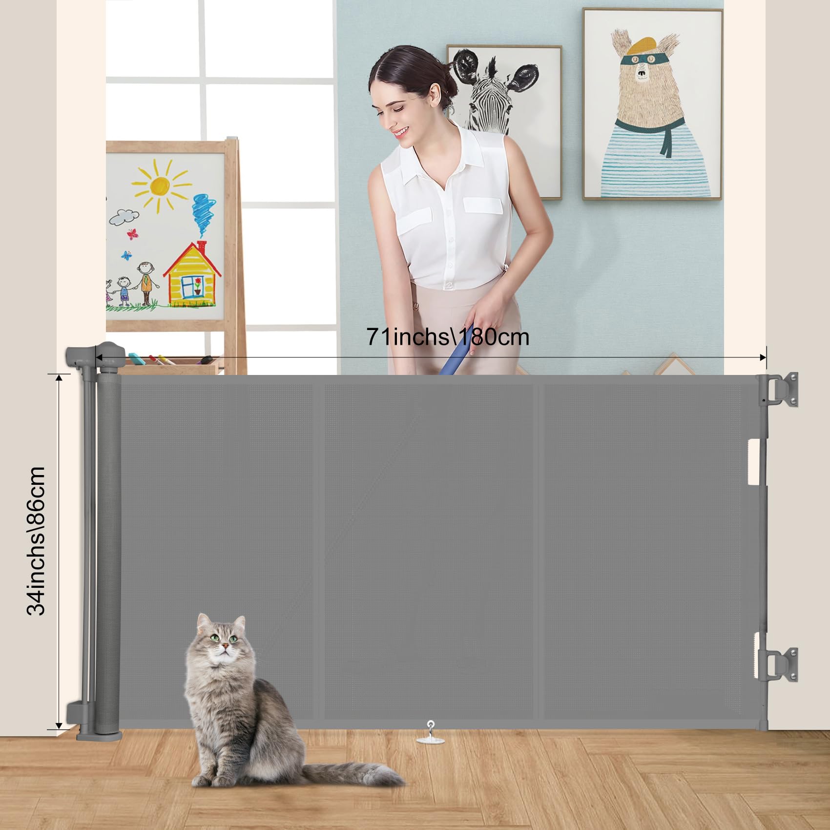 Miumoon Upgrade 71' Retractable Baby Gates With Reinforced Strip Design To Prevent Crawling Through, 34' Tall Retractable Gate For Baby And Pet, 6 Ft Baby Gates For Stairs, Doorways, Hallways(Gray)
