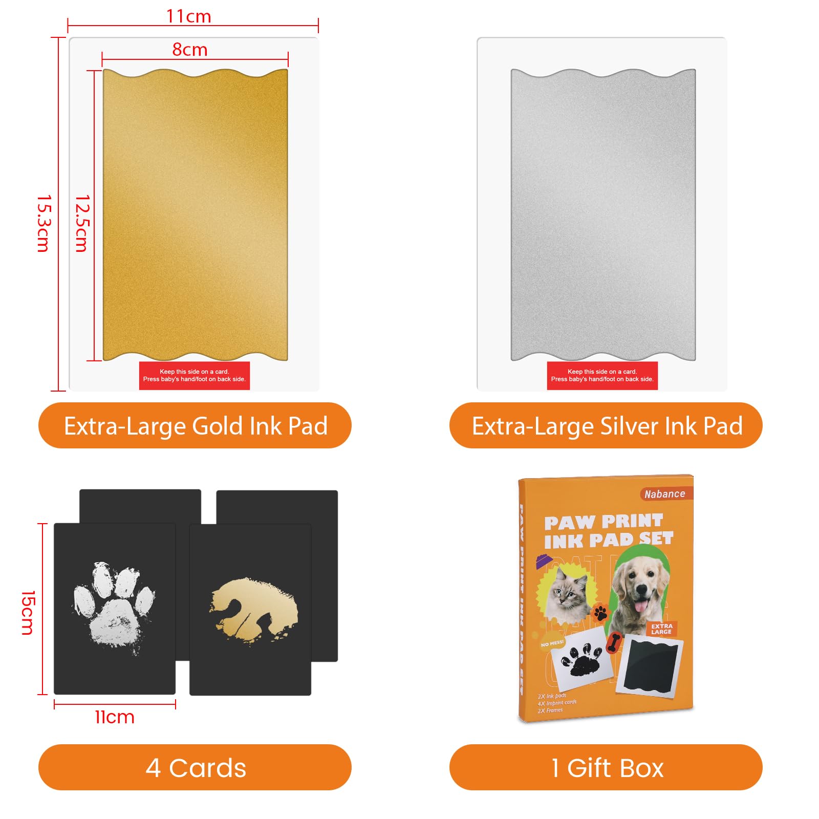 Nabance Baby Footprint Kit, Paw Print Kit, Dog Nose Print Kit, 2 Large Size Gold and Silver Ink Pads with 4 Black Imprint Card,