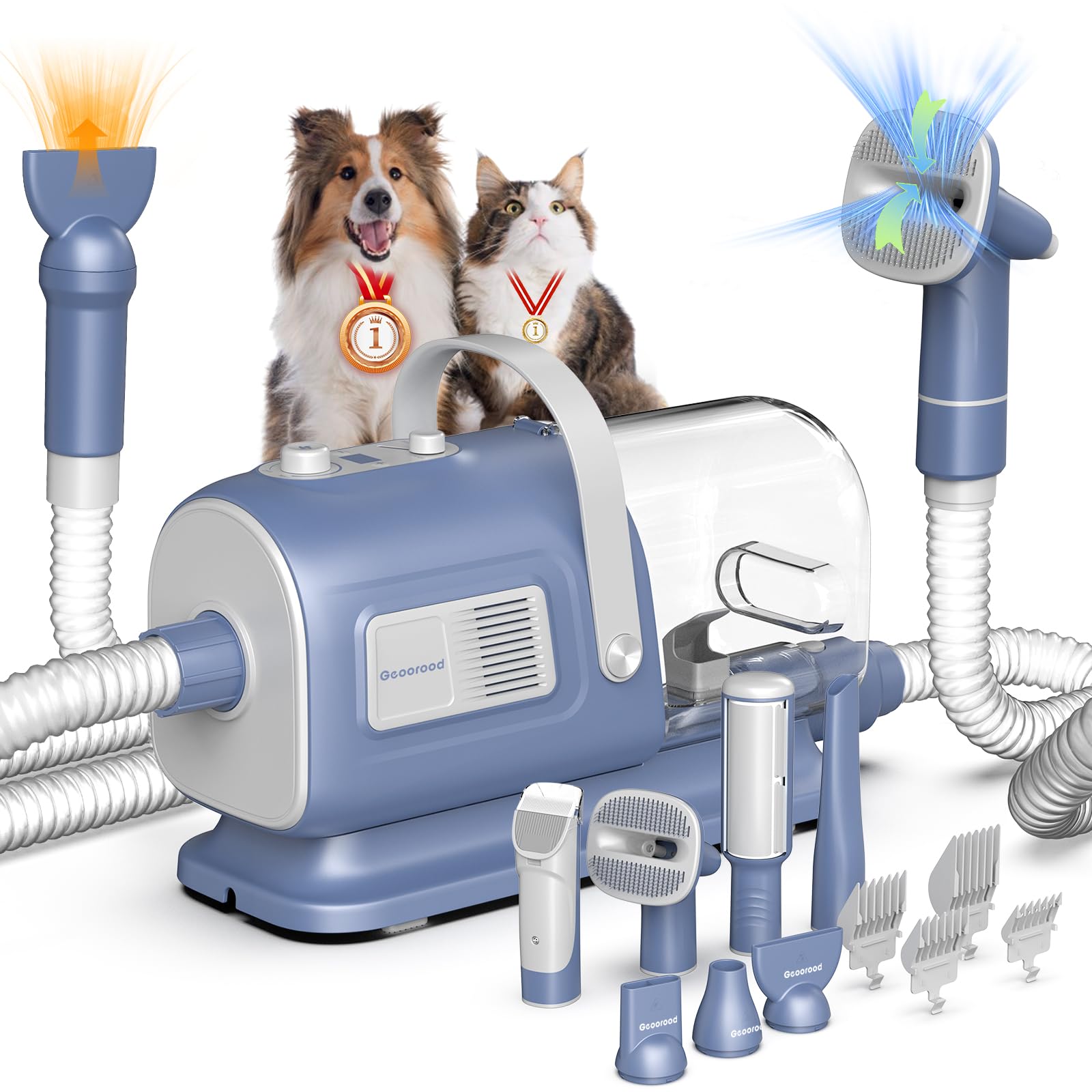Geoorood Dog Grooming Vacuum And Dryer Kit, Blower For Pet Vacuum Grooming 7 In 1 With Clippers For Dogs Hair Shedding Brush Rem