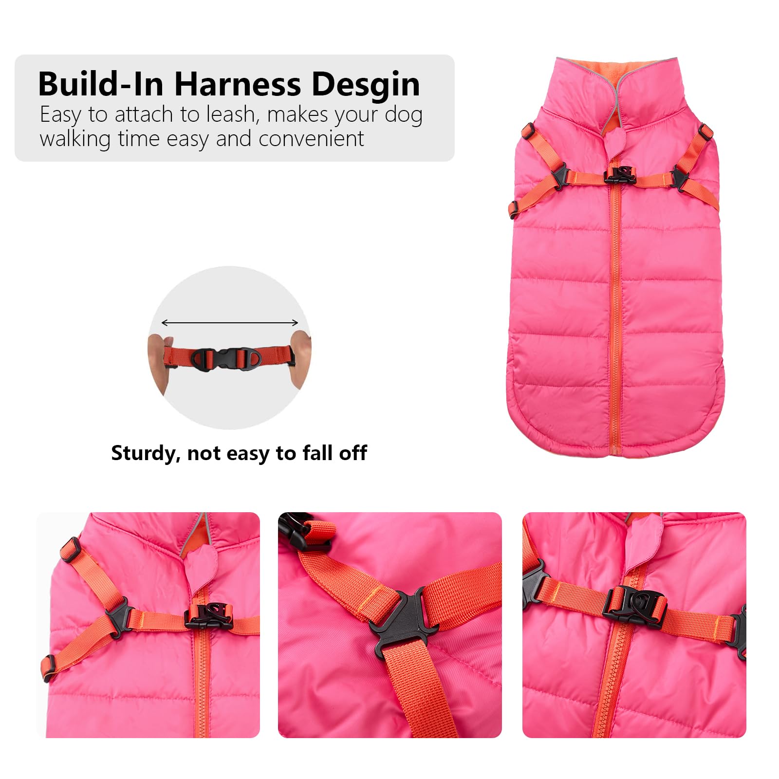 Geyecete Winter Warm Coat Waterproof Dog Winter Jacket with Harness Traction Belt,Windproof Pet Outdoor Jacket-Pink-XL