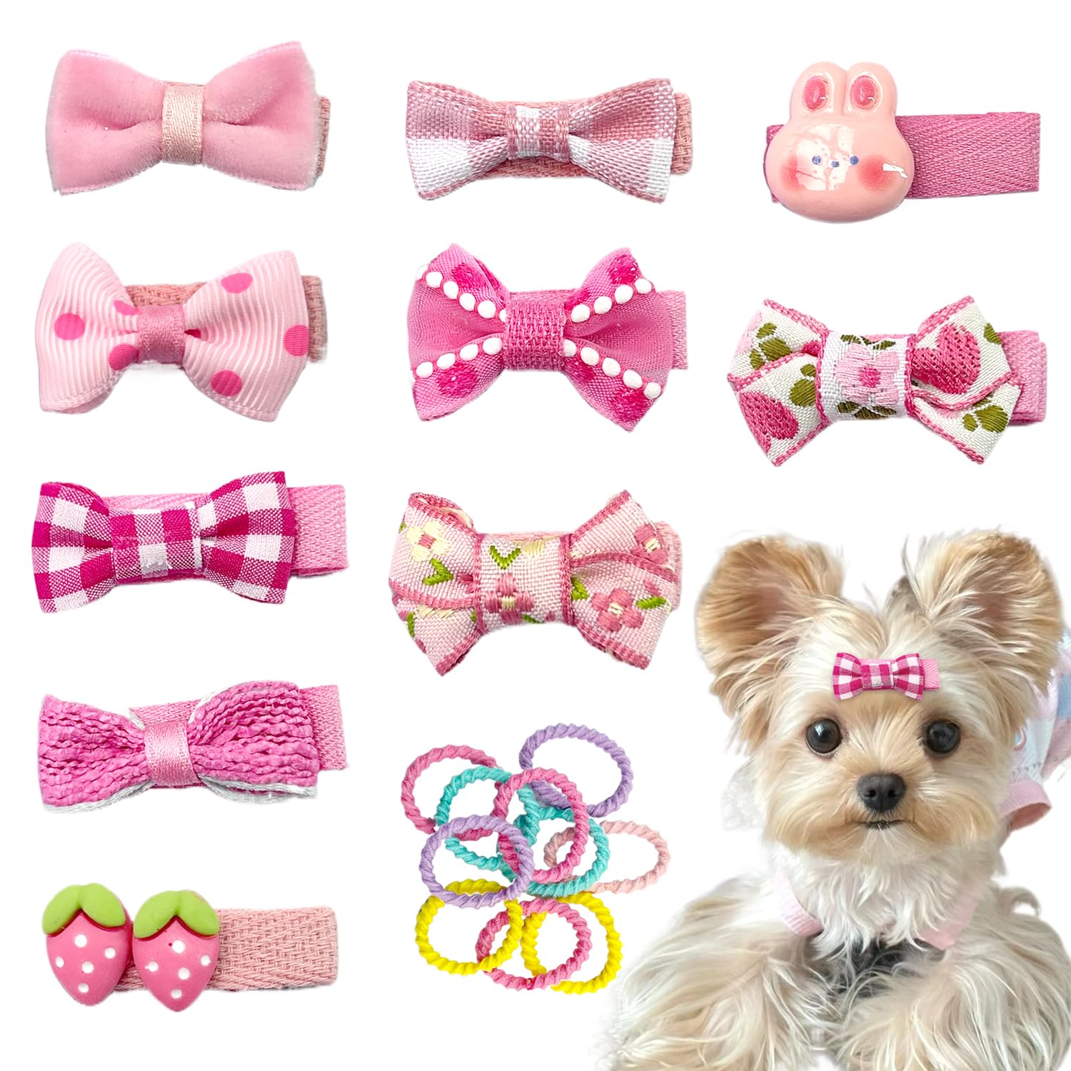 10Pcs Blush Pink Dog Hair Clips 10Pcs Colorful Rubber Bands Small Dog Bows Cute Pet Grooming Accessories Alligator Clips Stay In
