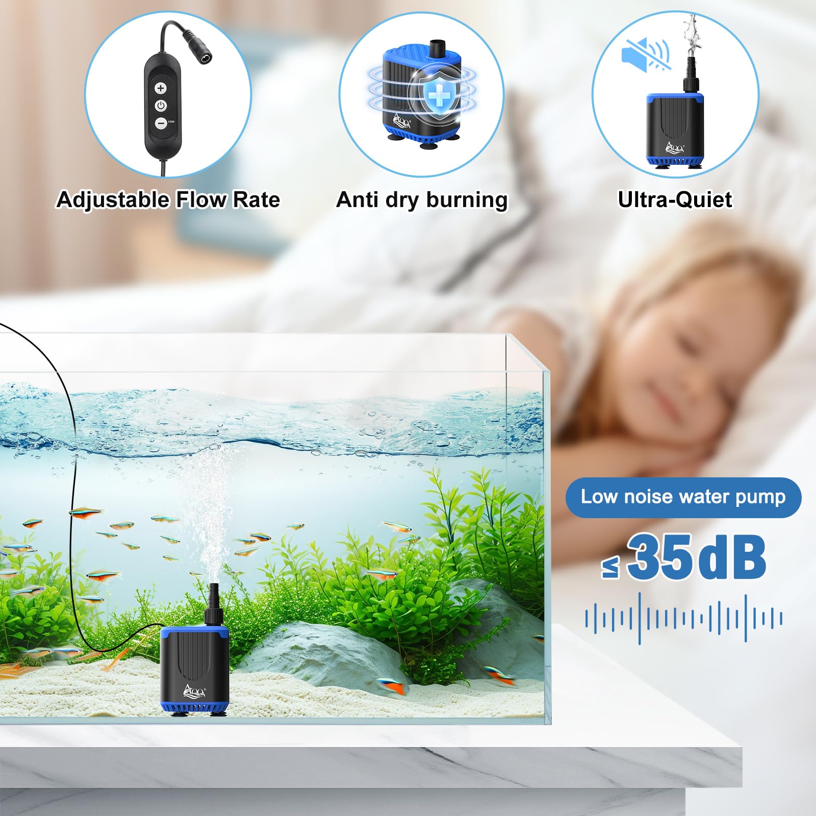 AQQA DC Aquarium Water Pump with Controller,4 Flow Adjustable,Feed Mode,IP68 Submersible Quiet Fish Tank Pump,3 Nozzles for Pond