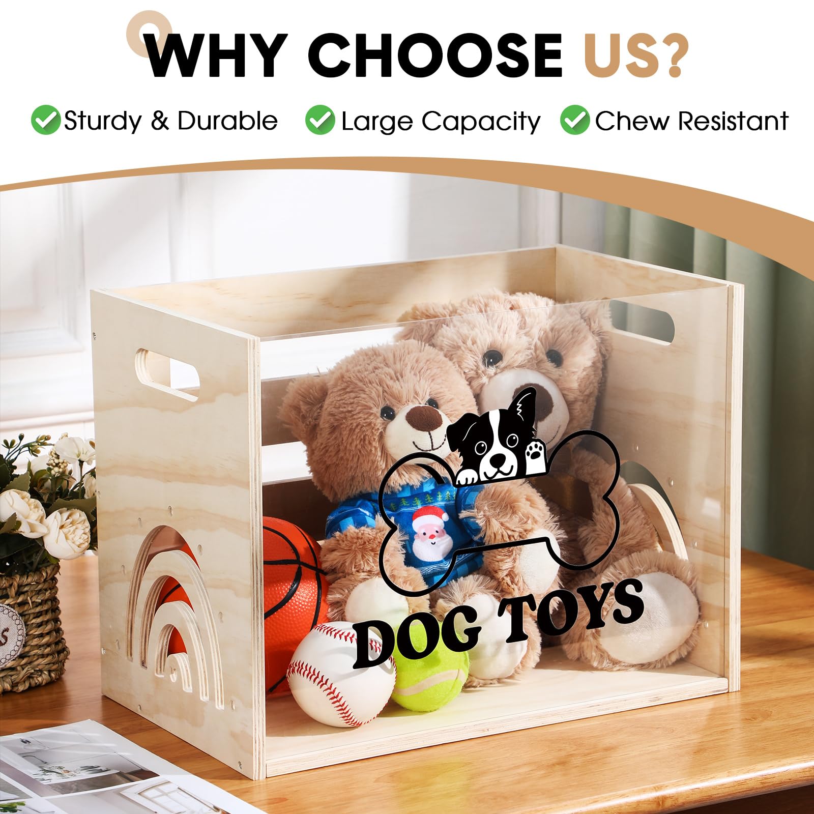 Beeveer Large Dog Toy Basket Dog Toy Box Wooden Storage Bin with Acrylic Board Storage Box for Puppy Toys Pet Food and Accessori