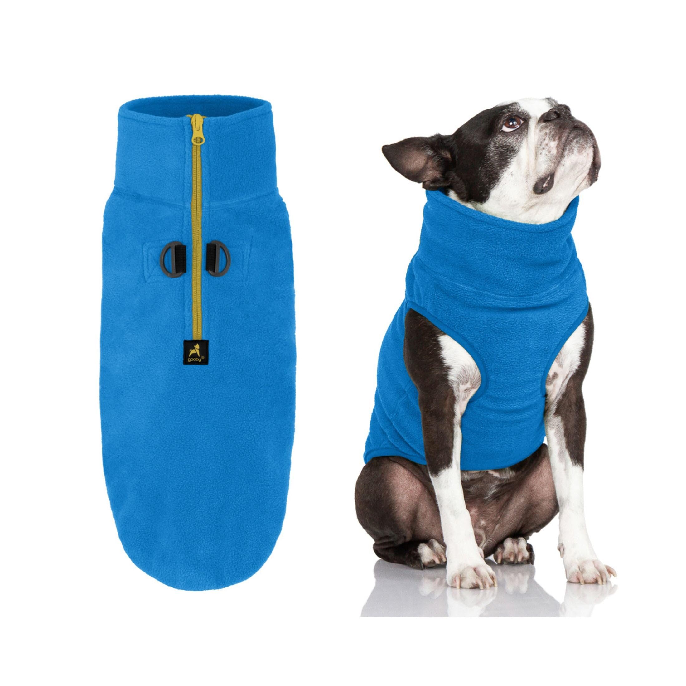Gooby Half Zip Up Fleece Vest - Soft, Warm Pullover Dog Jacket with Dual D Ring Leash - Winter Small & Medium Dog Sweater - Blue