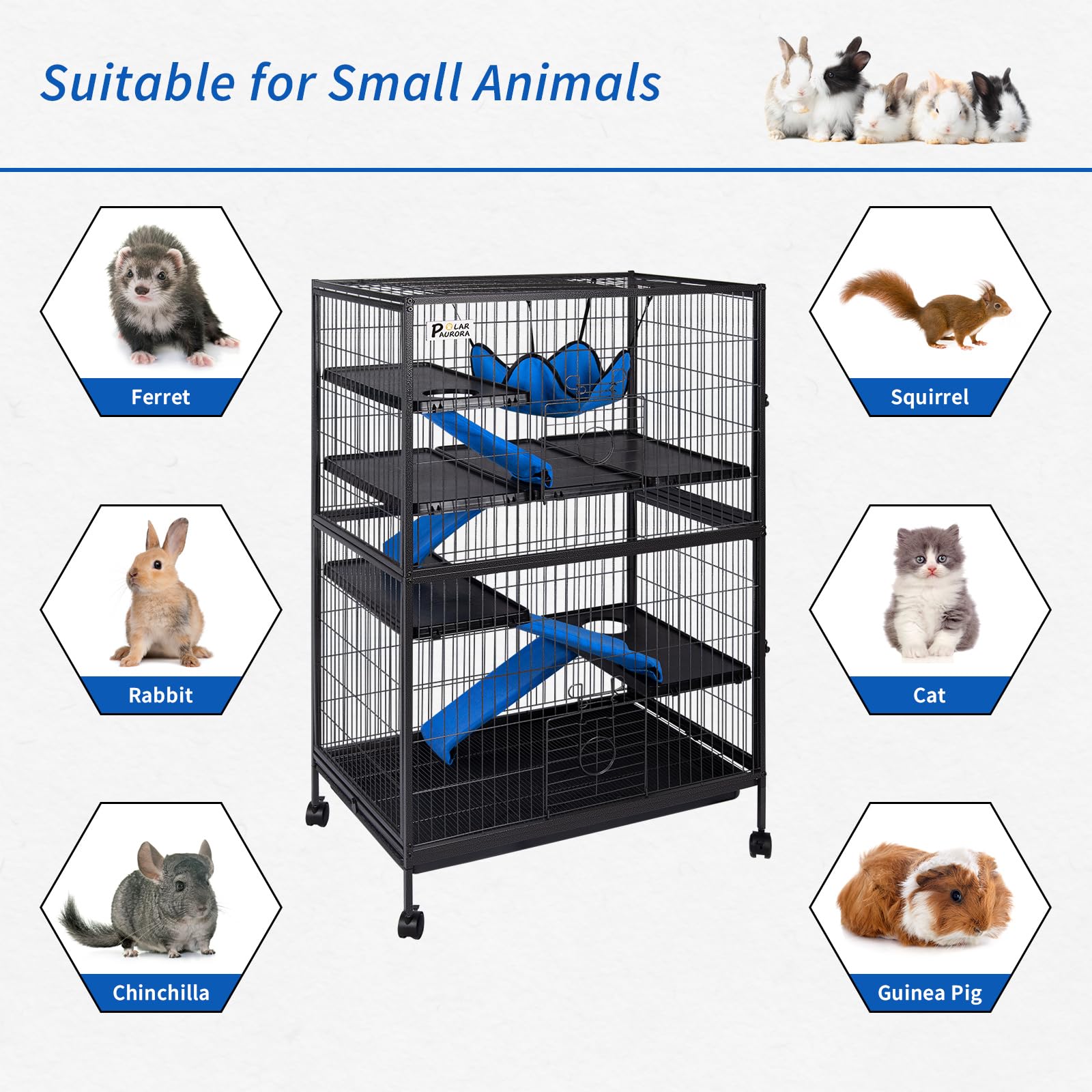 50' H 4 Tier Steel Plastic Deluxe Small Animal Pet Cage Kit For Guinea Pig Ferret Little Rabbit With Wheels Brakes Hammock Removable Tray And Ladder With Flannel